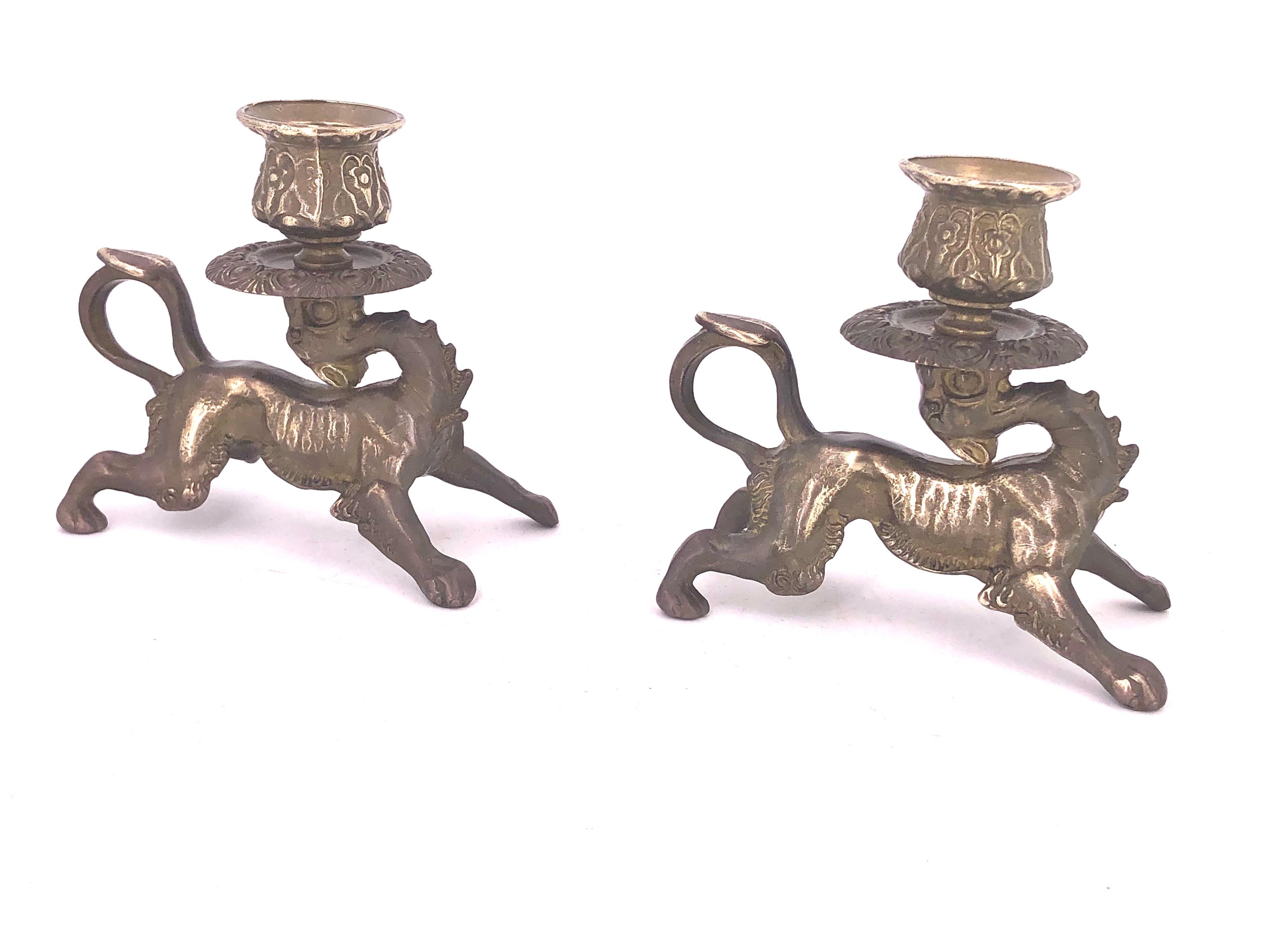 Pair of Solid Brass Antique Dragons Candleholders In Good Condition In San Diego, CA