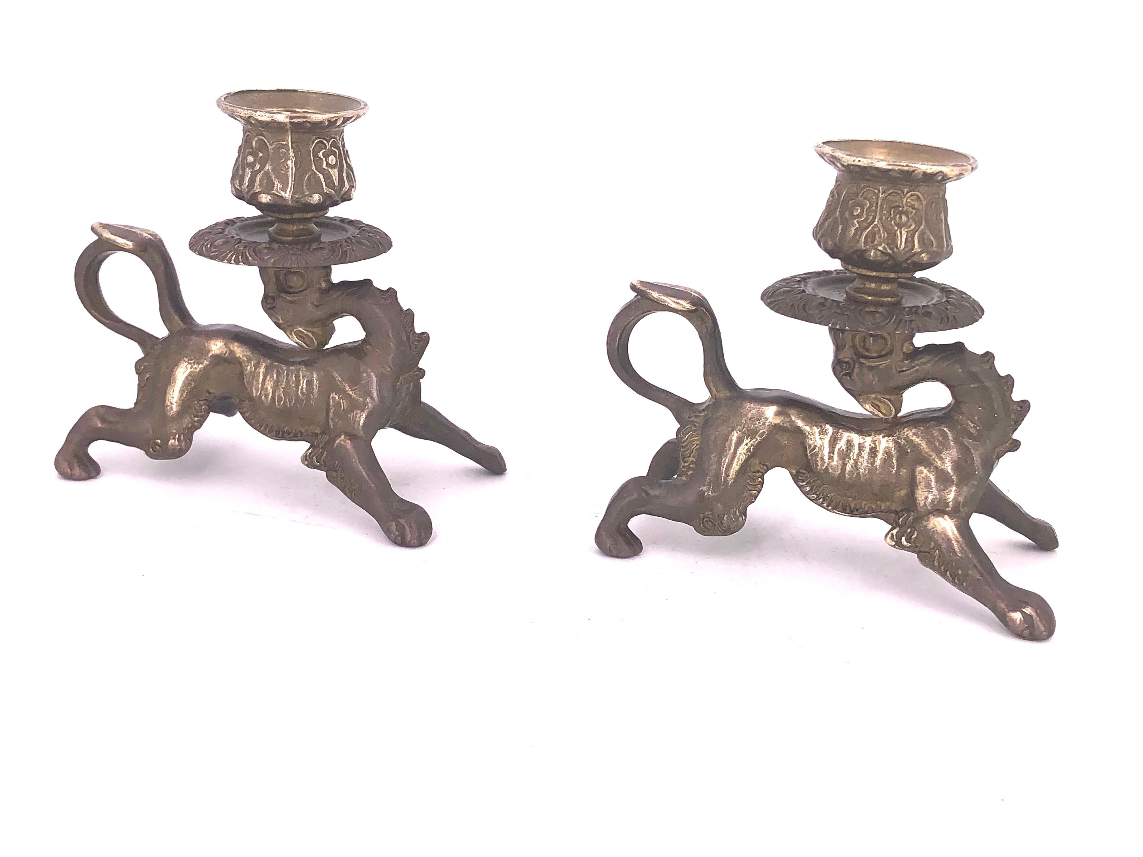 20th Century Pair of Solid Brass Antique Dragons Candleholders