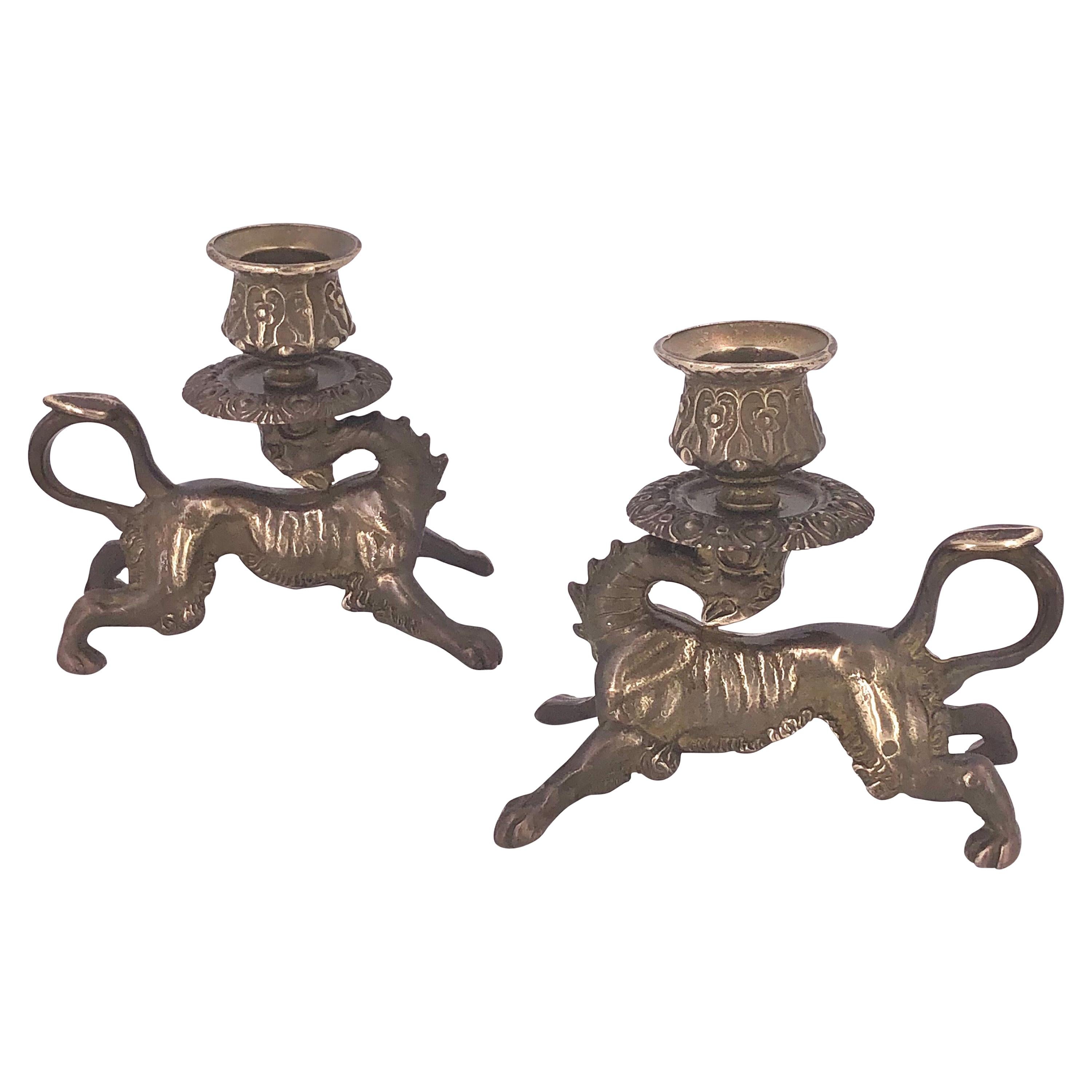 Pair of Solid Brass Antique Dragons Candleholders