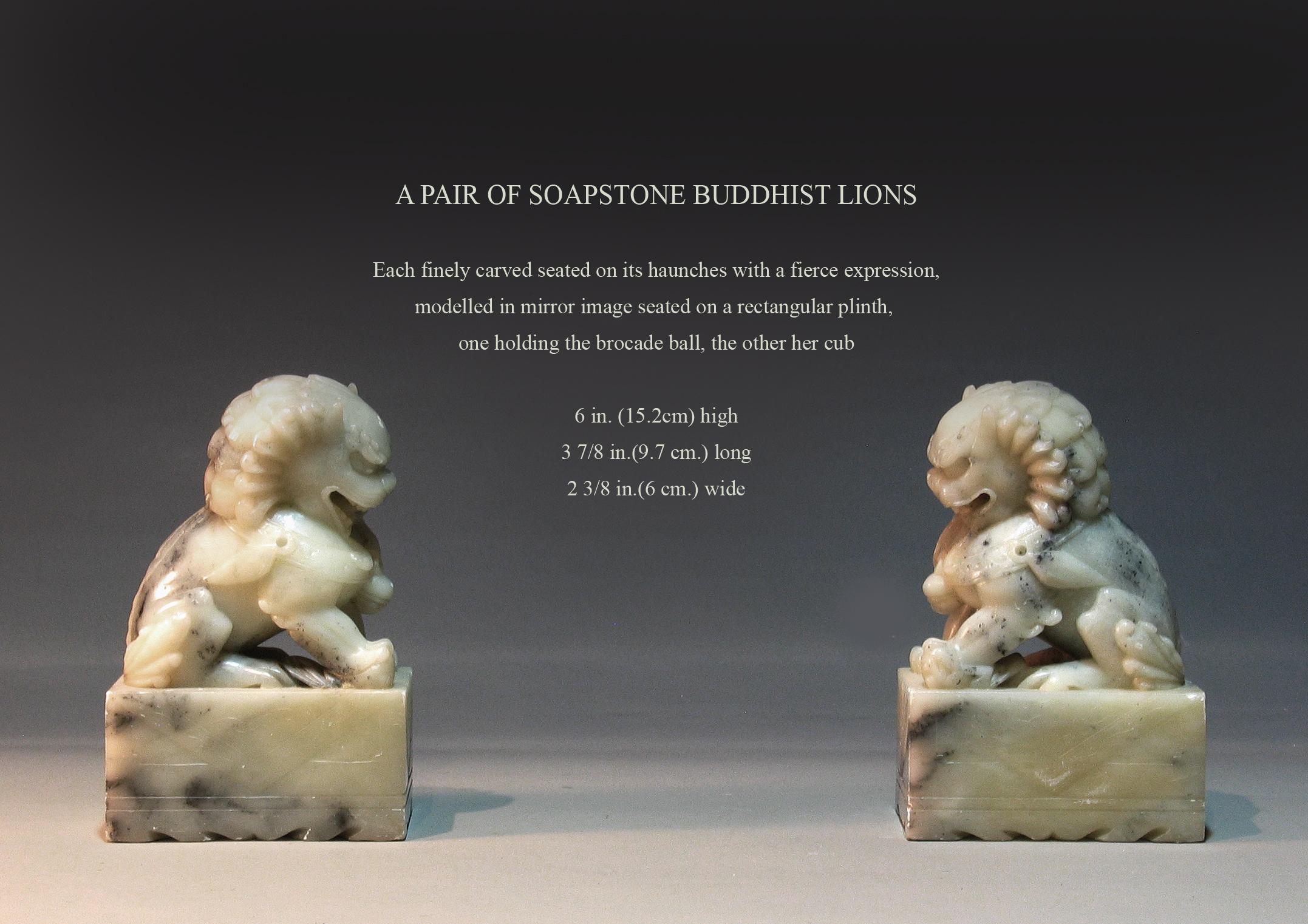 A pair of soapstone Buddhist lions

Each finely carved seated on its haunches with a fierce expression,
modelled in mirror image seated on a rectangular plinth,
one holding the brocade ball, the other her cub.

Measures: 6 in.