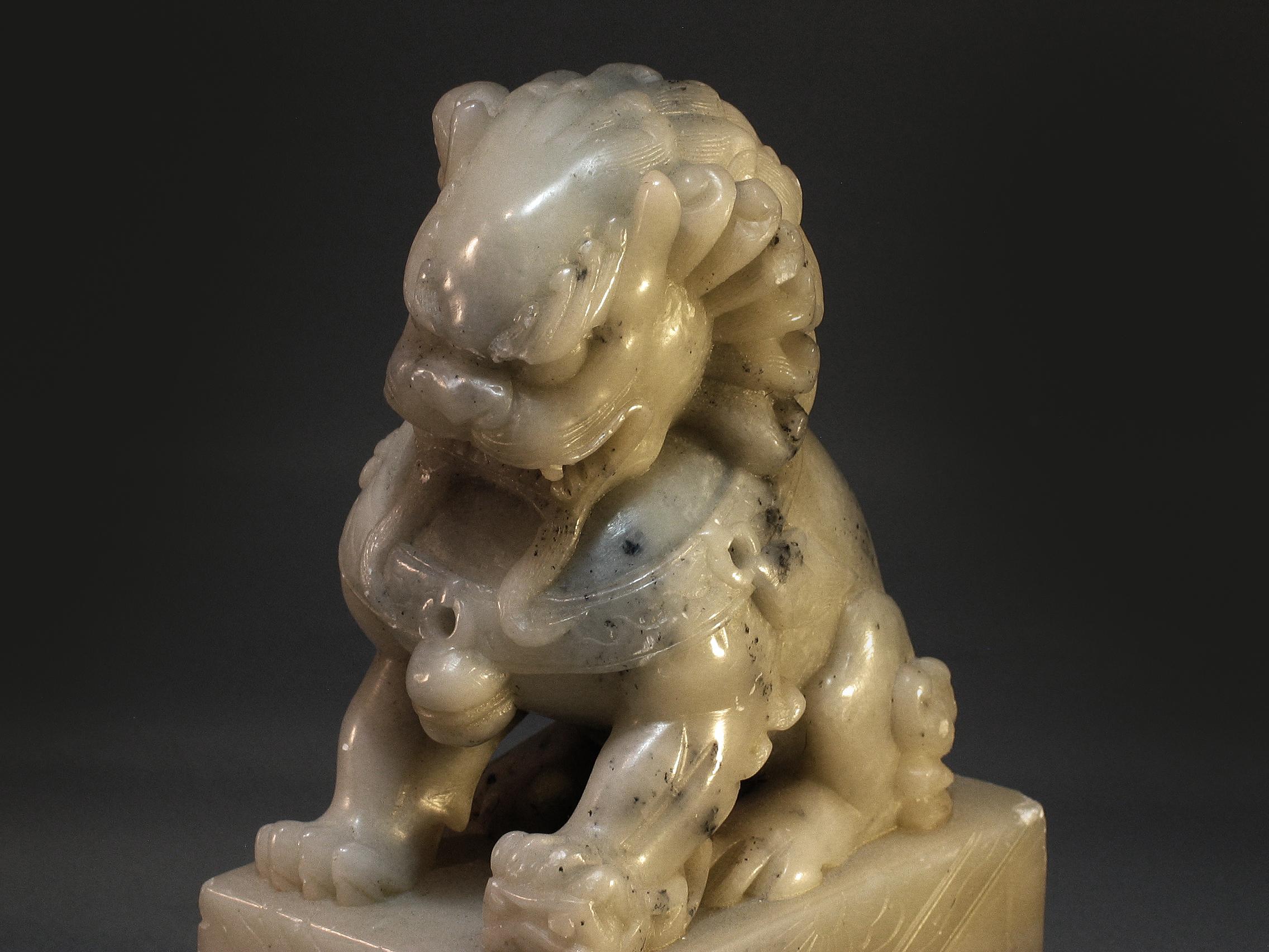 Pair of Soapstone Buddhist Lions In Good Condition For Sale In Ottawa, Ontario