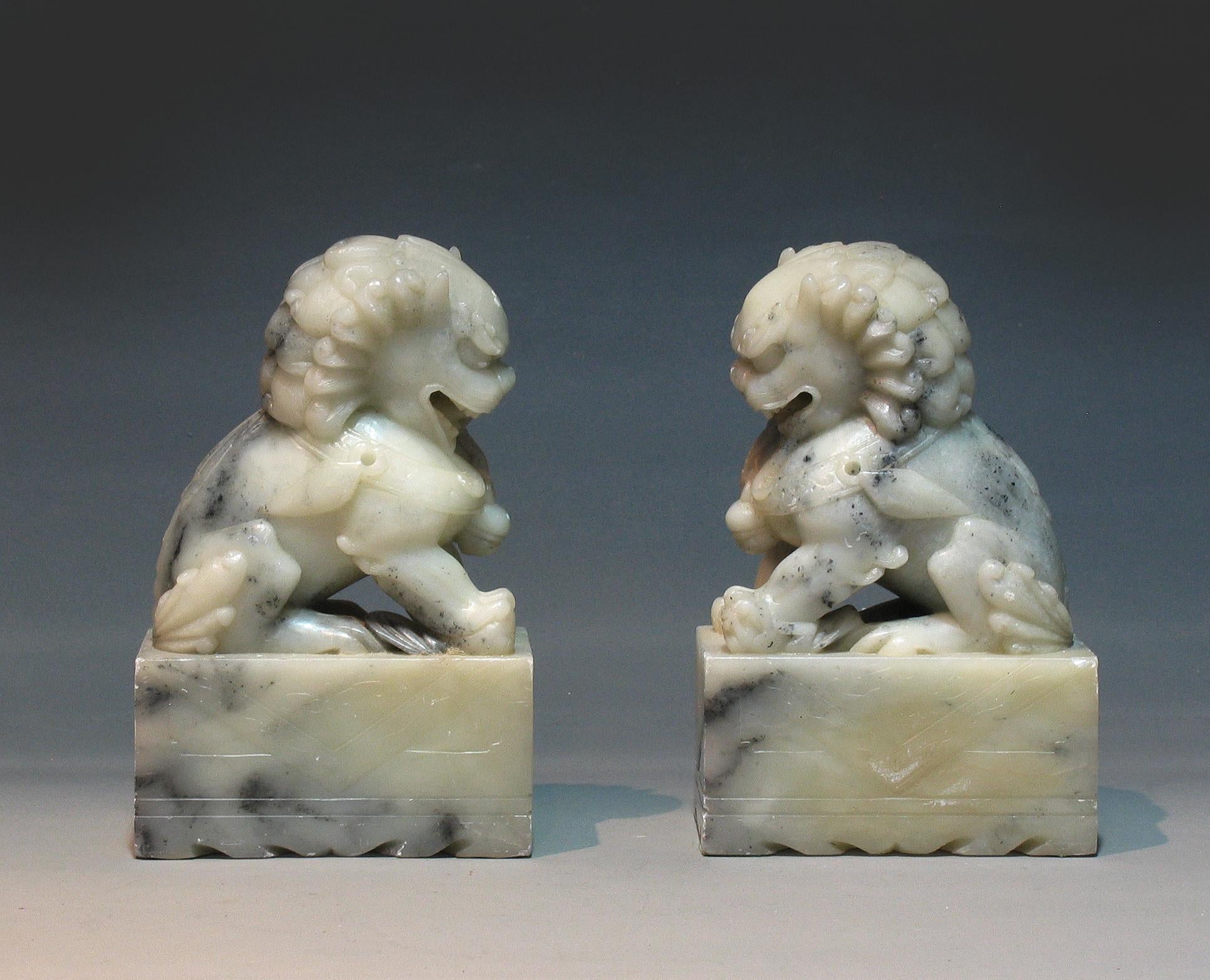 20th Century Pair of Soapstone Buddhist Lions For Sale
