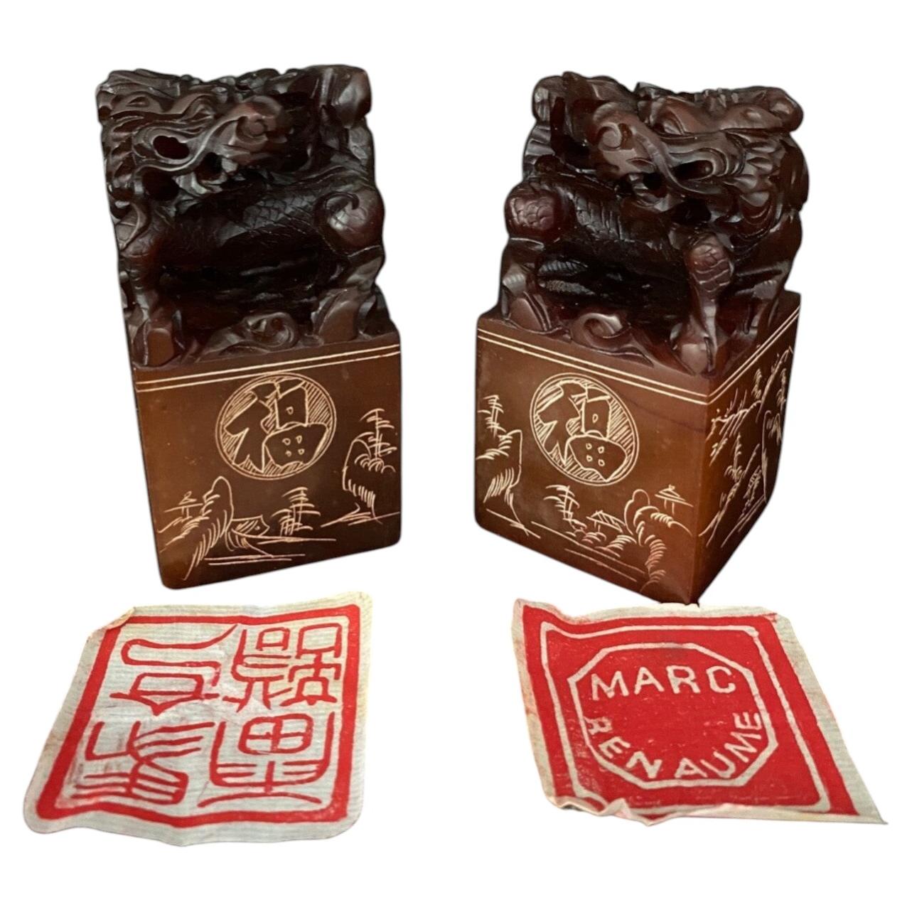 Pair of Soapstone Seal Stamps, 20th Century, in Their Original Boxes For Sale