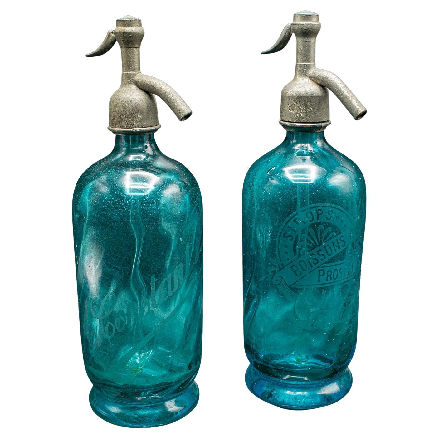 Paar Soda-Siphons, Französisch, Glas, Seltersflasche, frühes 20. Jahrhundert, Barware im Angebot
