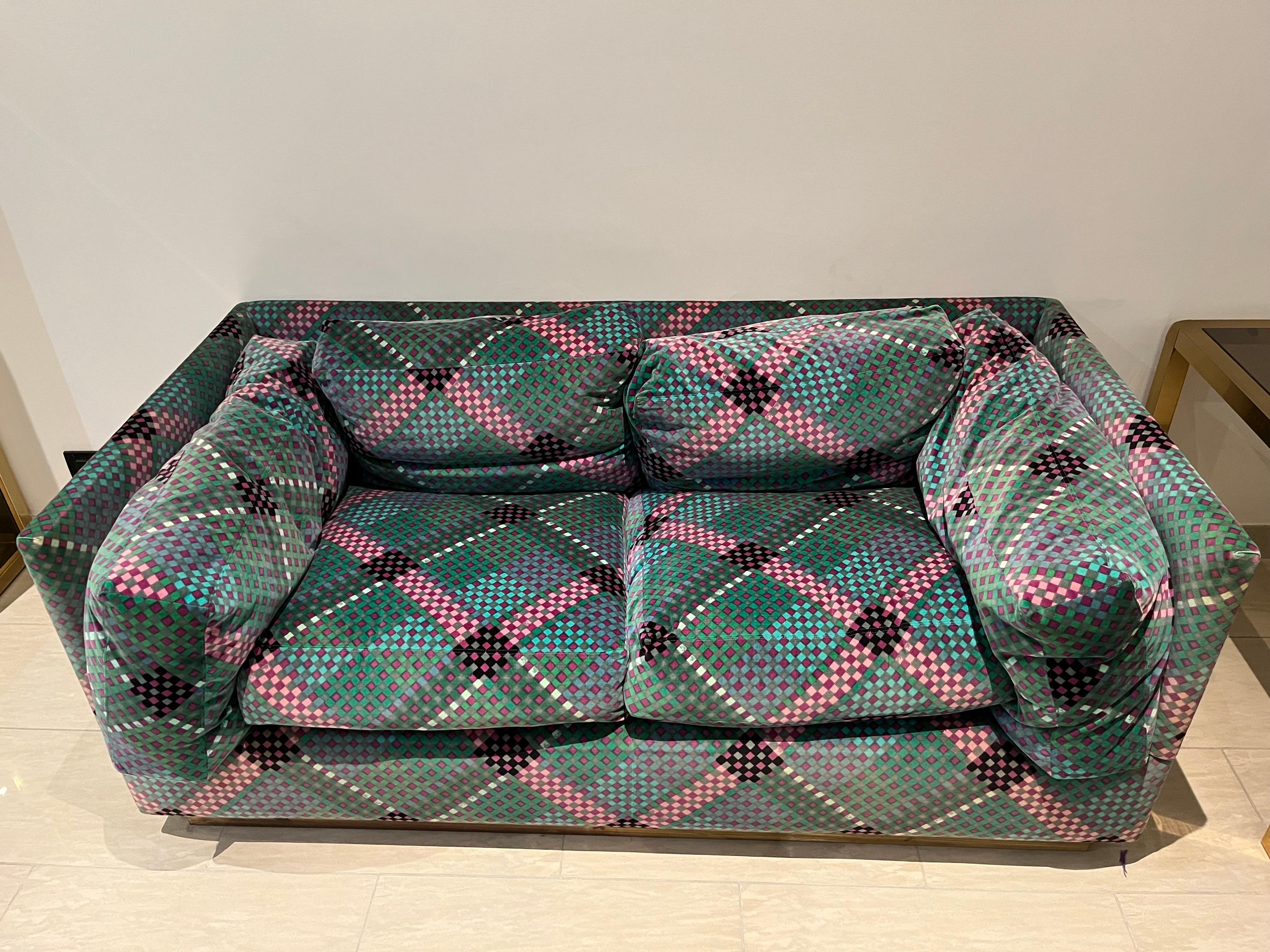 Pair of Sofa’ by Ken Scott Brass and Optical Velvet Signed For Sale 5