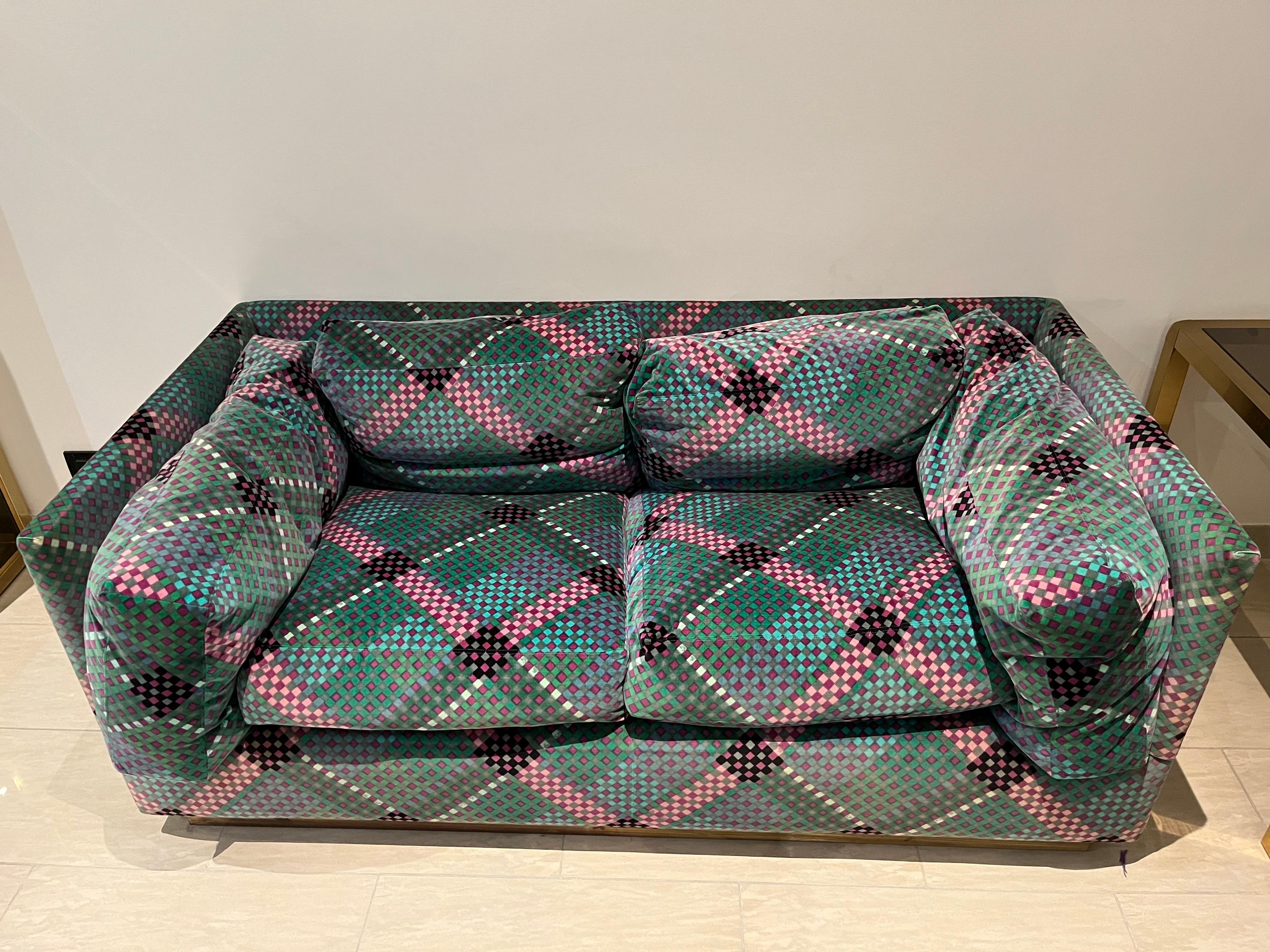 Pair of Sofa’ by Ken Scott Brass and Optical Velvet Signed  For Sale 6