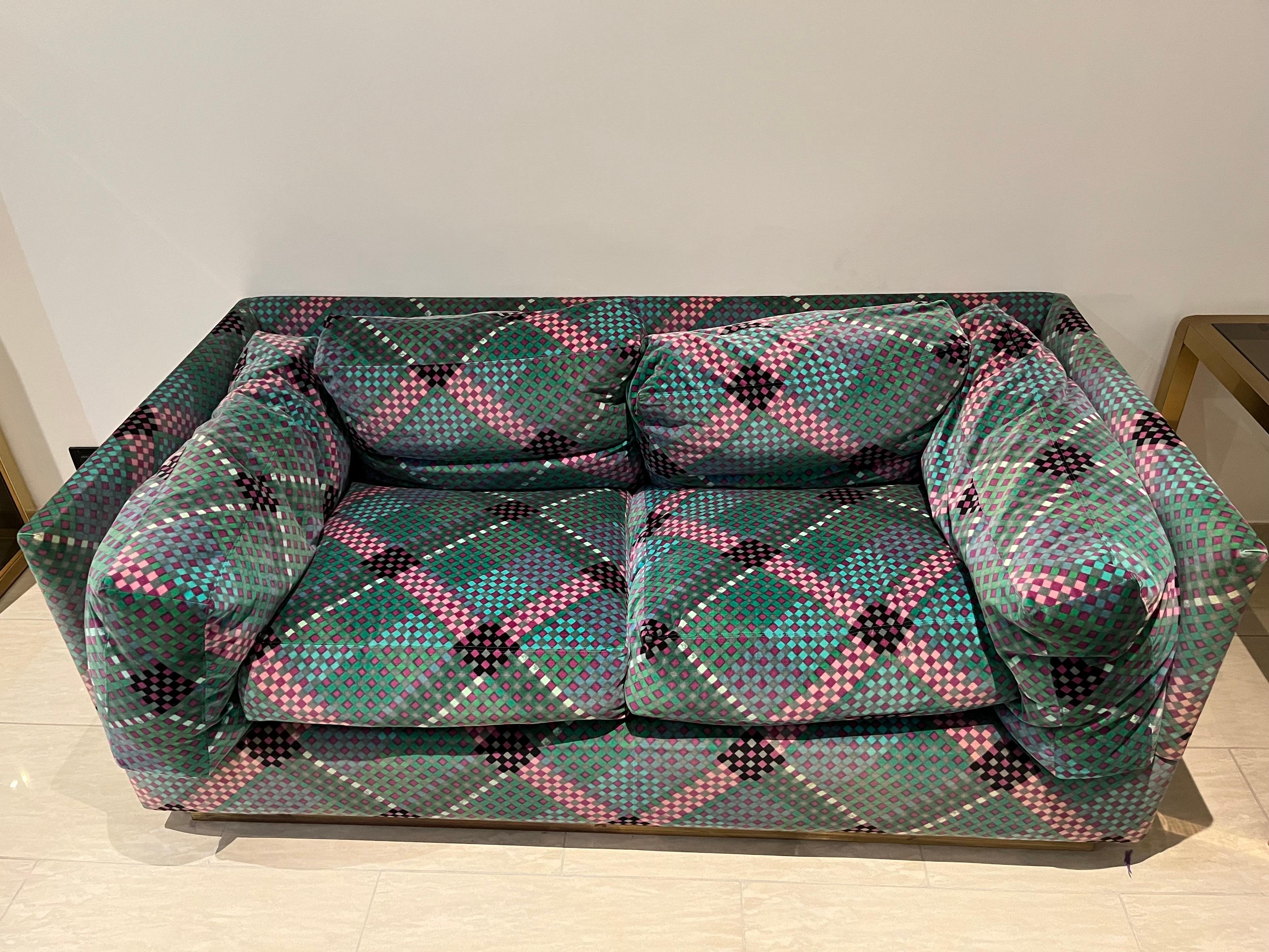 Pair of Sofa’ by Ken Scott Brass and Optical Velvet Signed  For Sale 6