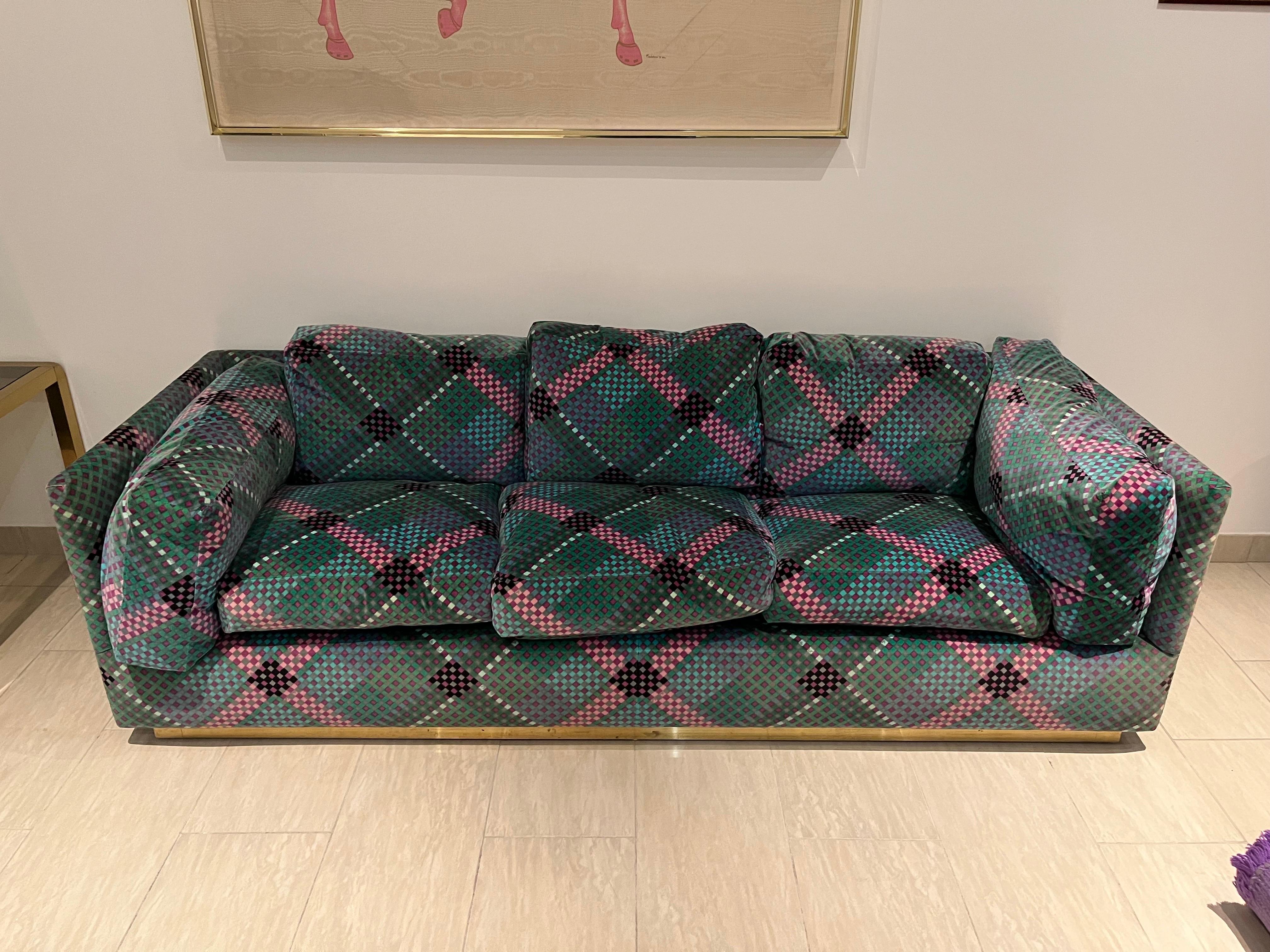 Pair of Sofa’ by Ken Scott Brass and Optical Velvet Signed  For Sale 8