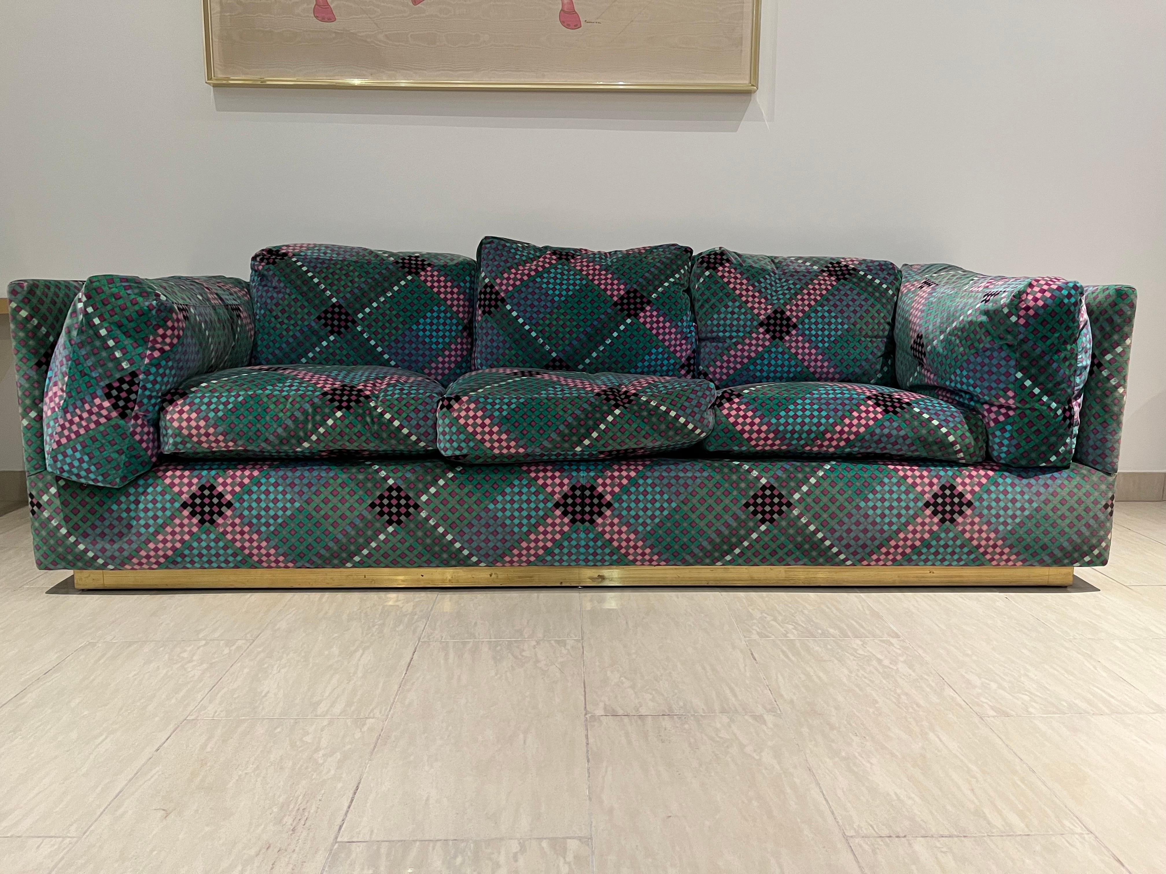 Pair of Sofa’ by Ken Scott Brass and Optical Velvet Signed  For Sale 12