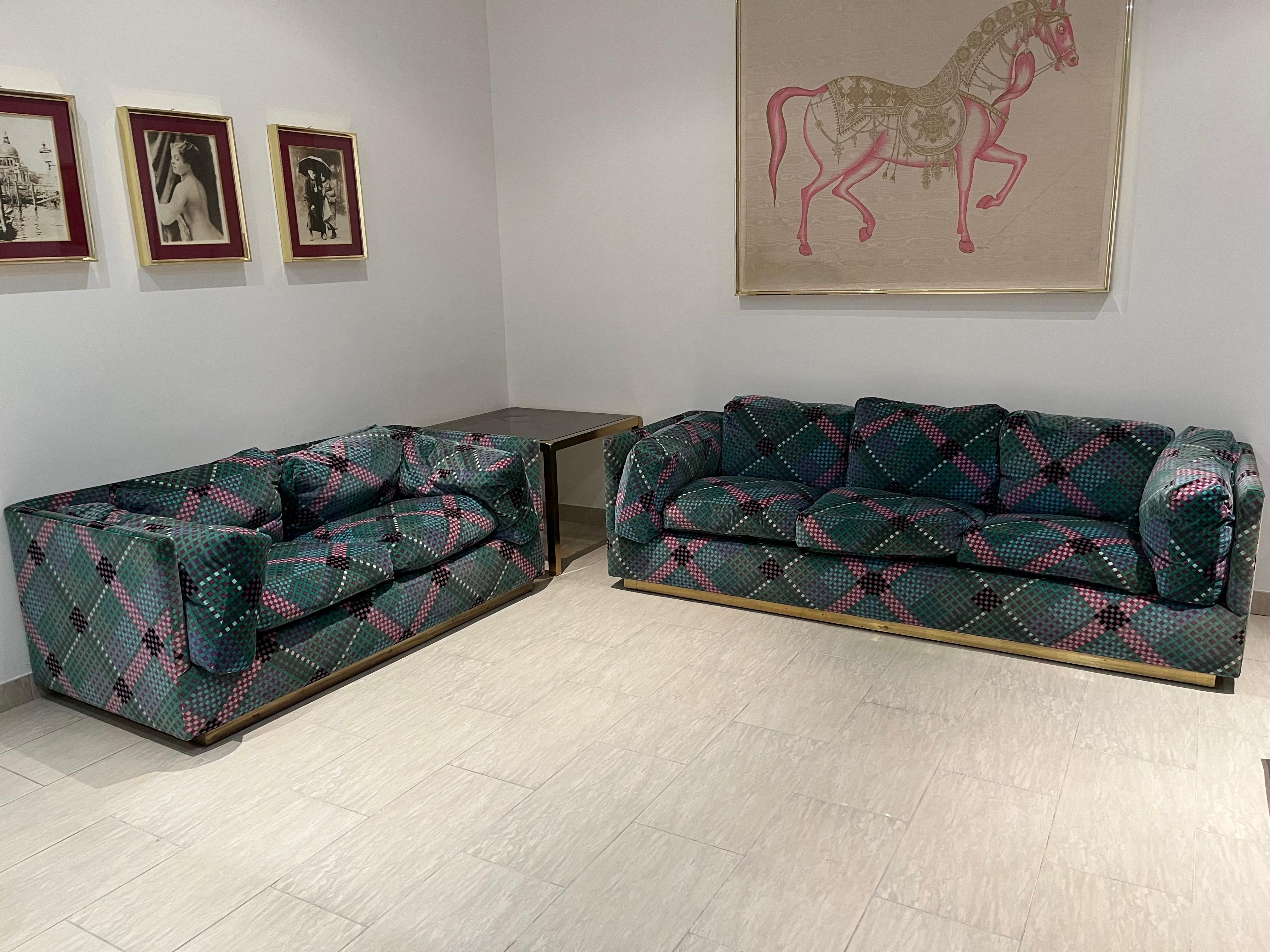 Pair of Sofa’ by Ken Scott Brass and Optical Velvet Signed  For Sale 1