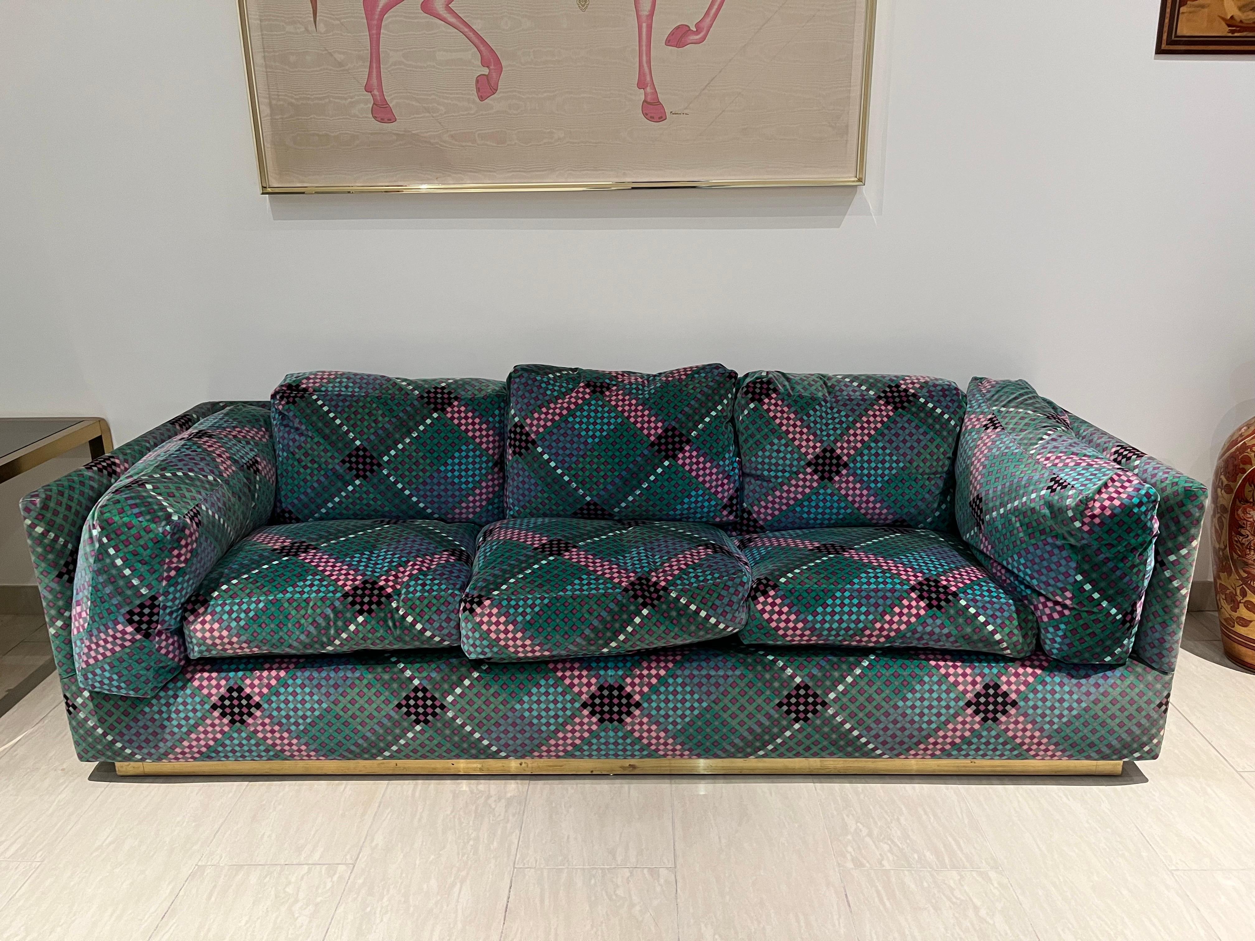 Pair of Sofa’ by Ken Scott Brass and Optical Velvet Signed  For Sale 1