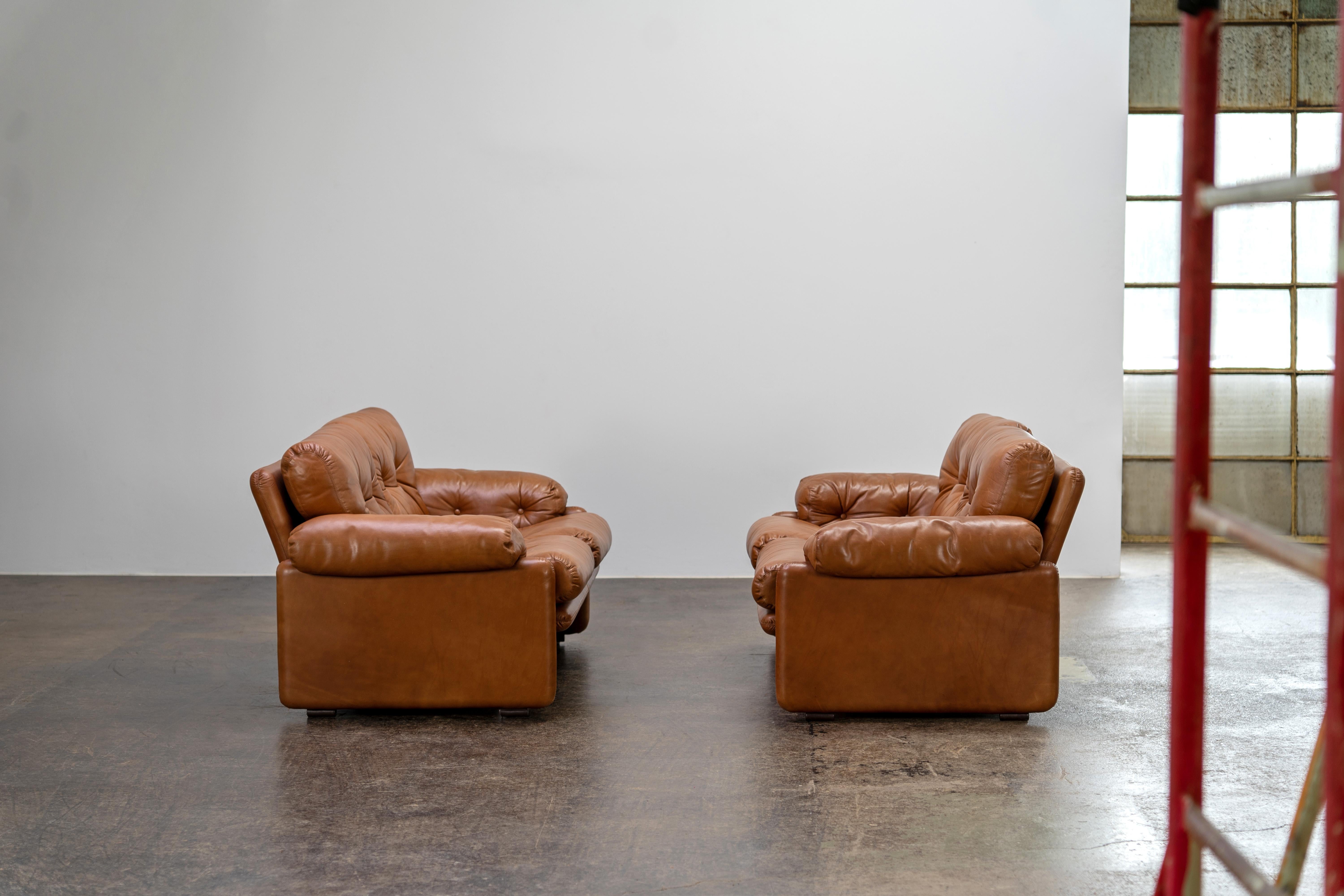 Late 20th Century Pair of Sofas by Afra & Tobia Scarpa Coronado, C&B Italia, Cognac Leather, 1970s For Sale