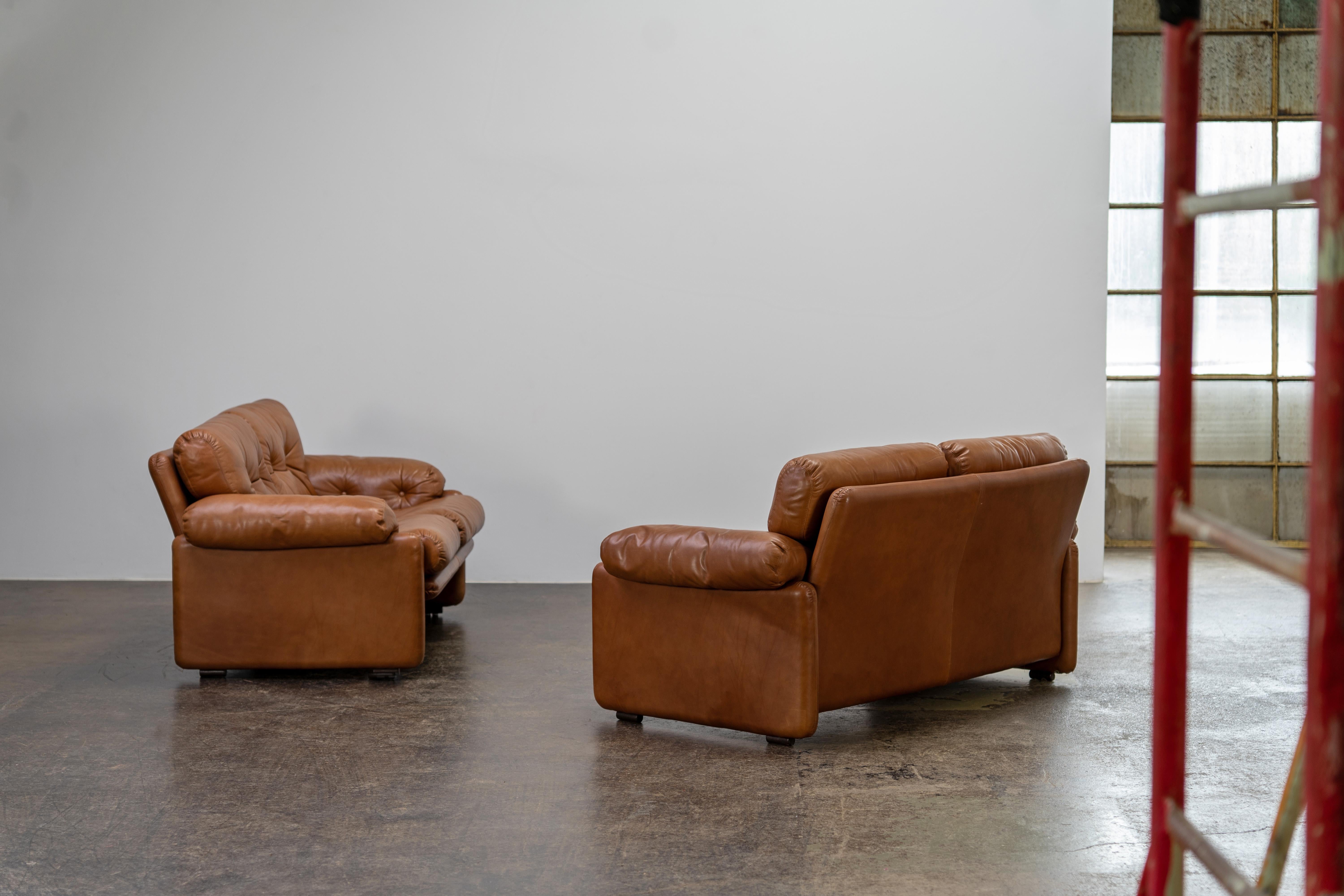 Pair of Sofas by Afra & Tobia Scarpa Coronado, C&B Italia, Cognac Leather, 1970s For Sale 1