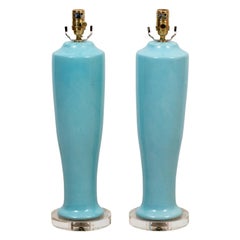 Pair of Soft Blue Tall Porcelain Lamps on Lucite Bases