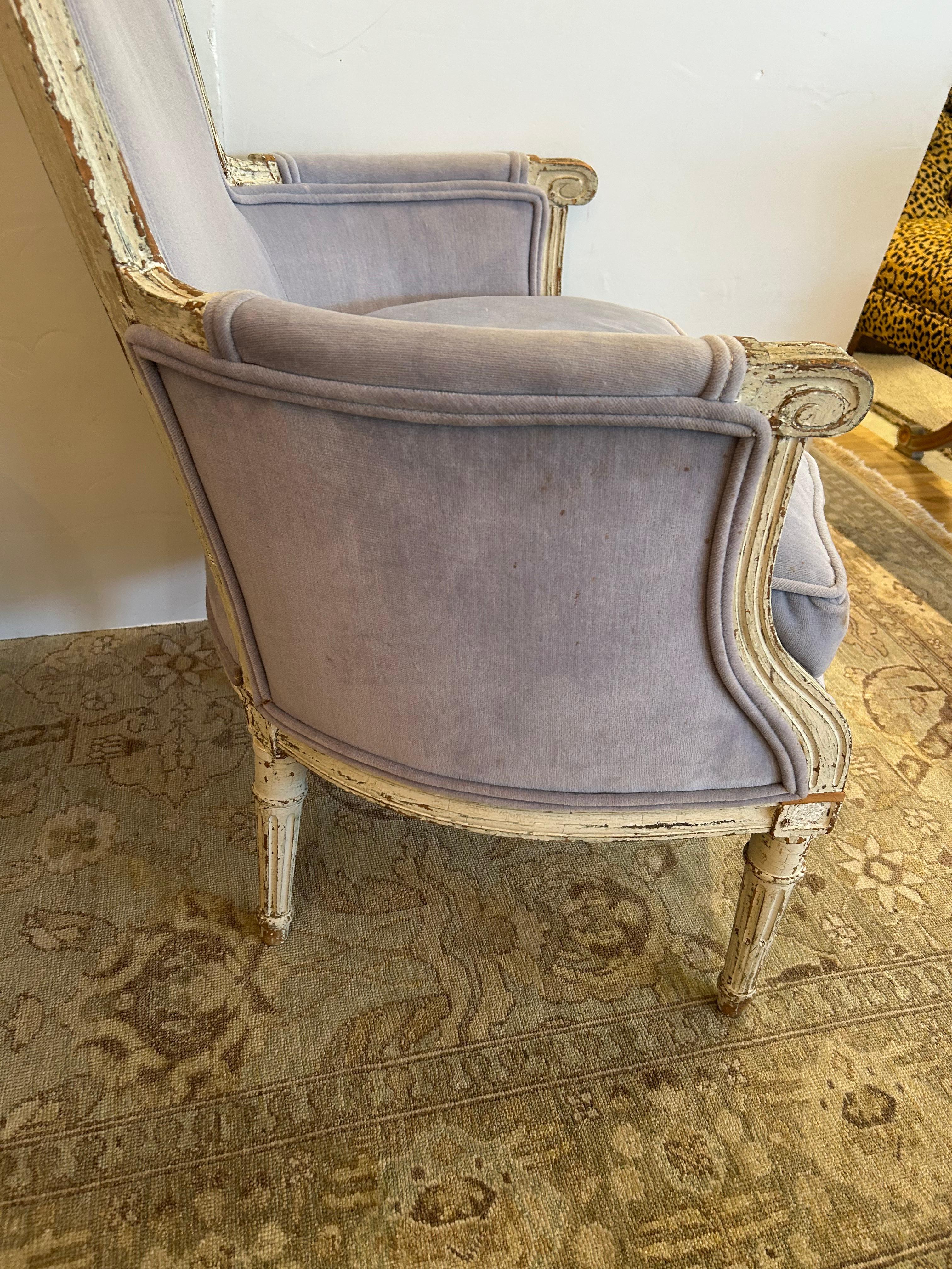 Pair of Soft Periwinkle Velvet French Painted Bergere Chairs For Sale 7