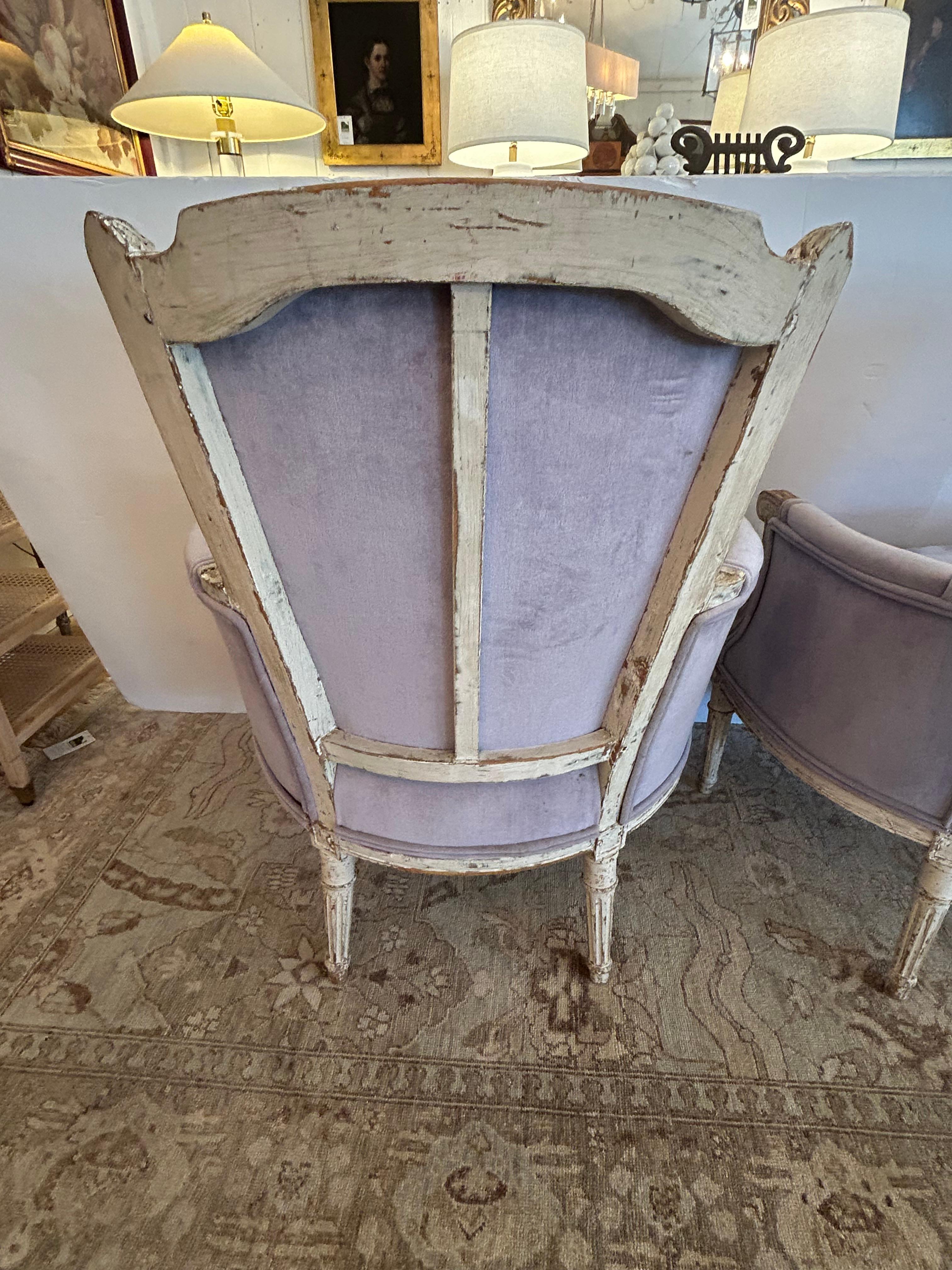 Pair of Soft Periwinkle Velvet French Painted Bergere Chairs For Sale 10