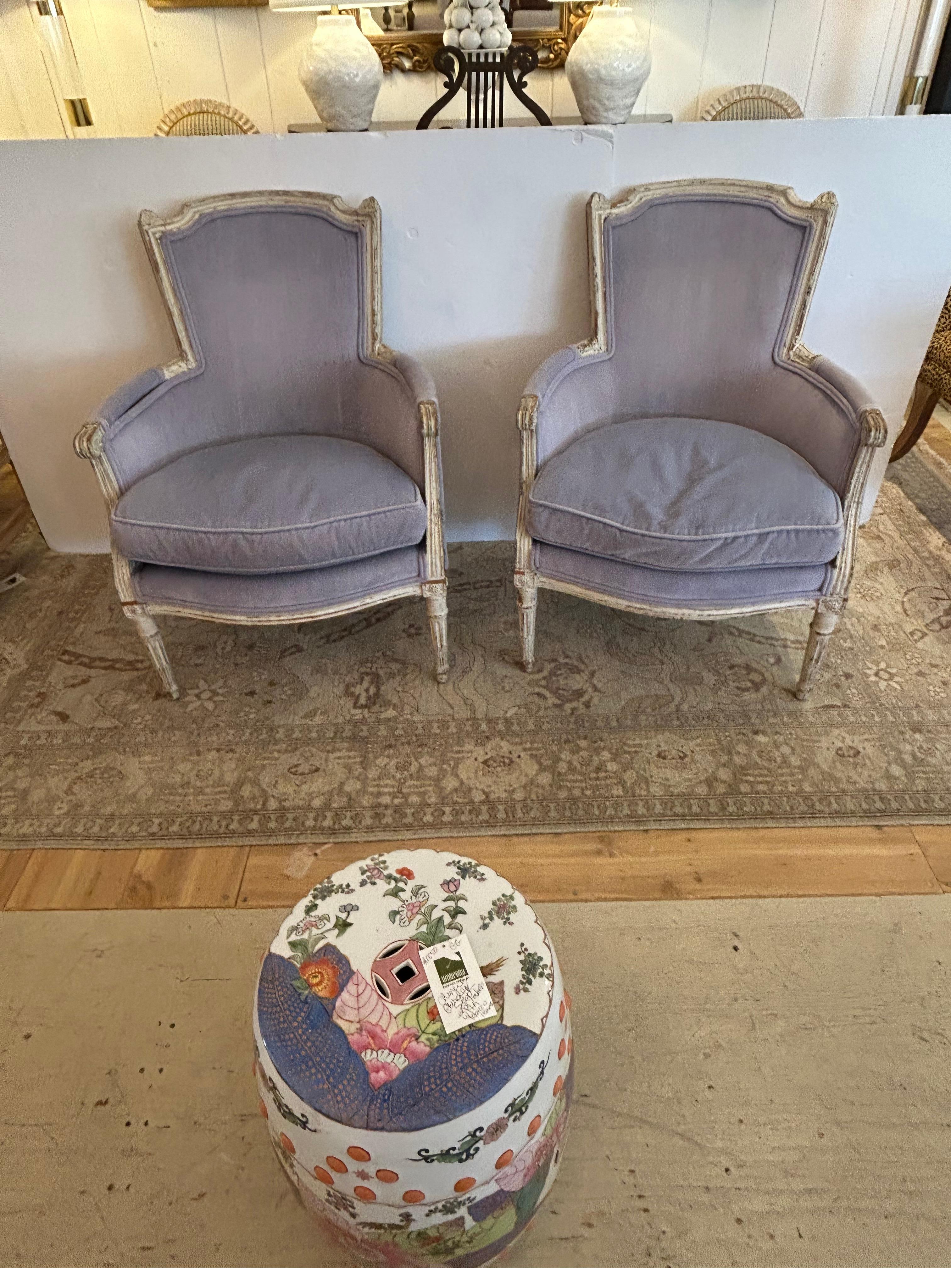 Pair of Soft Periwinkle Velvet French Painted Bergere Chairs For Sale 12