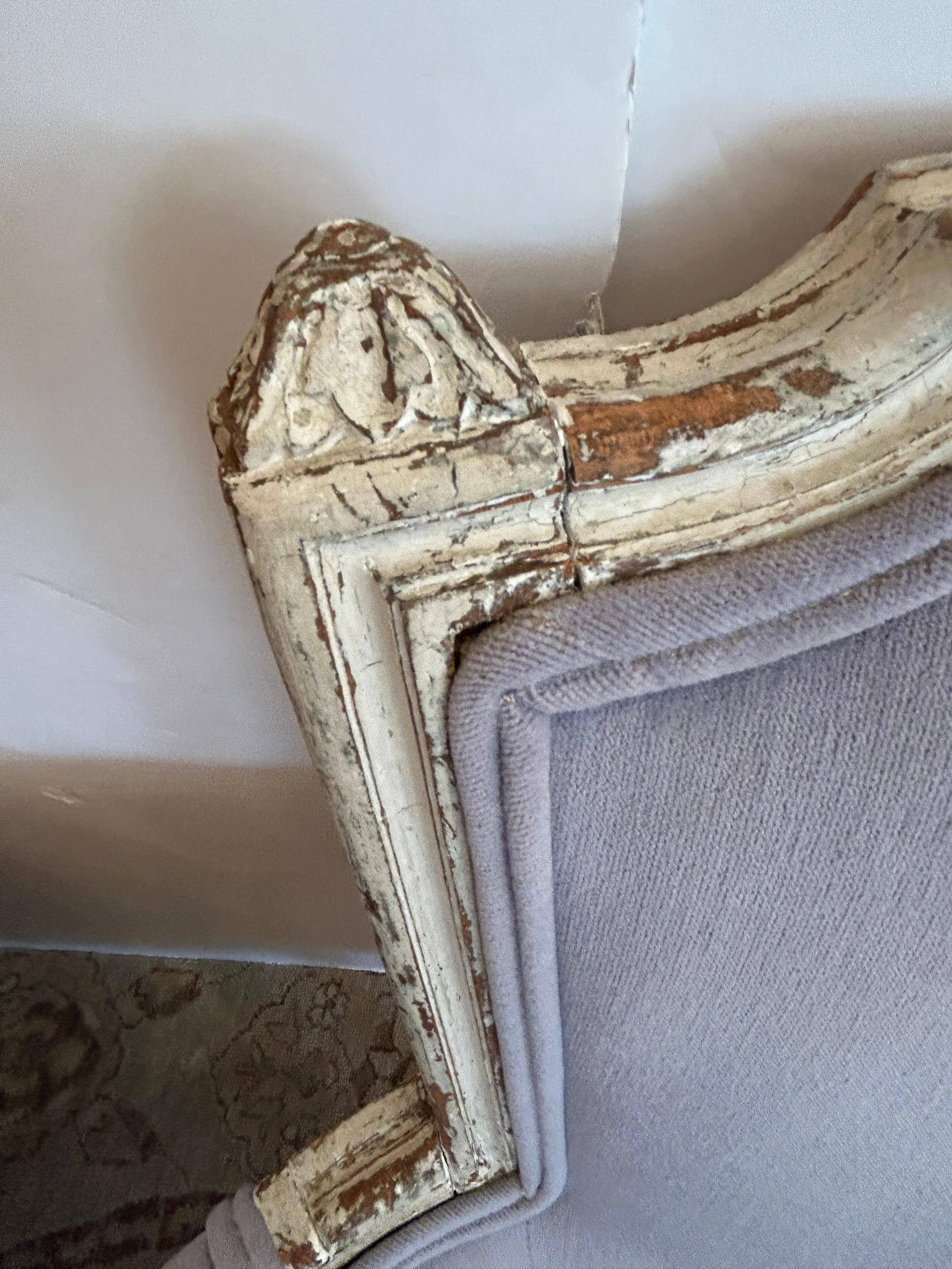 Pair of Soft Periwinkle Velvet French Painted Bergere Chairs In Good Condition For Sale In Hopewell, NJ