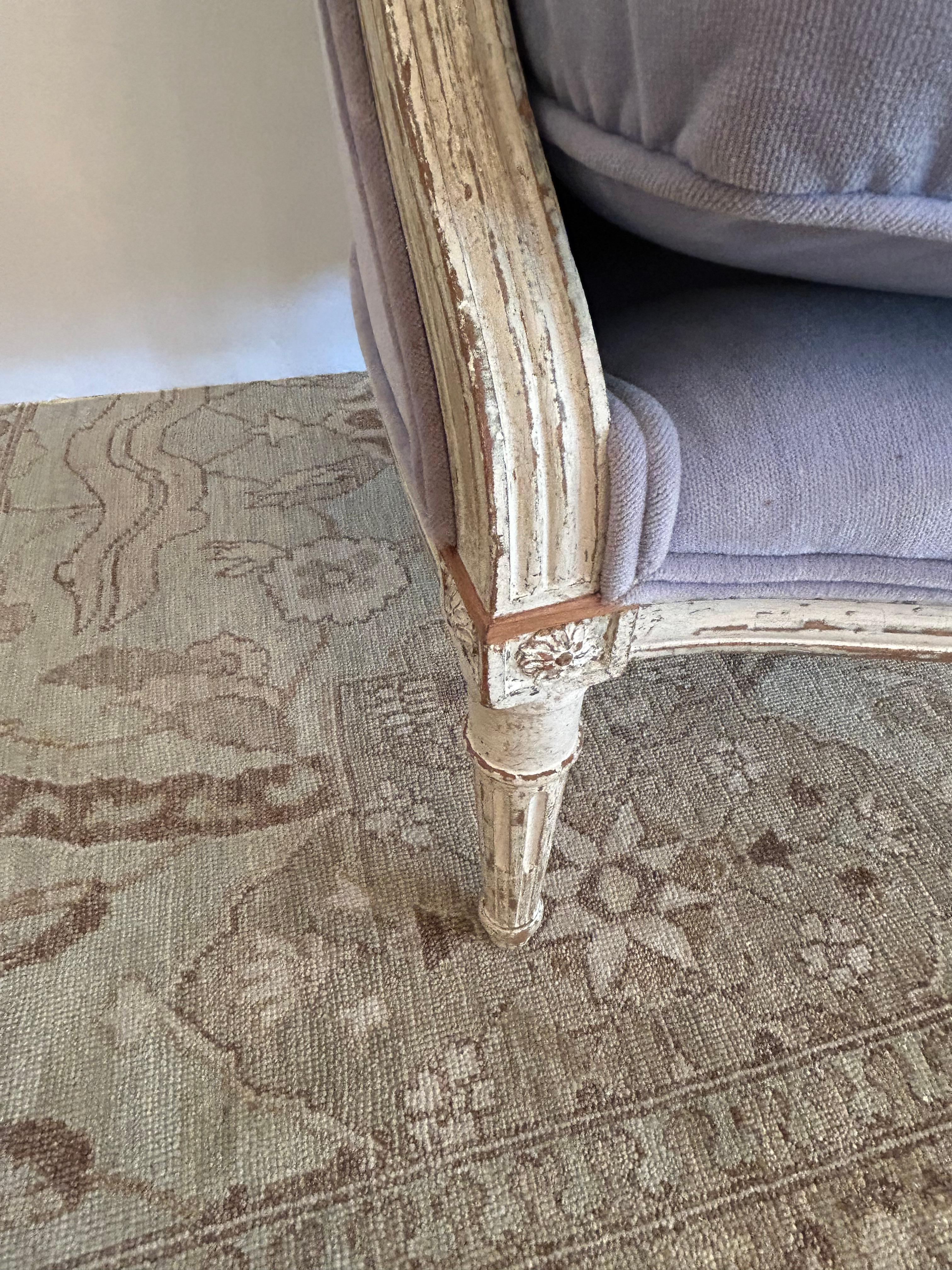 Pair of Soft Periwinkle Velvet French Painted Bergere Chairs For Sale 2