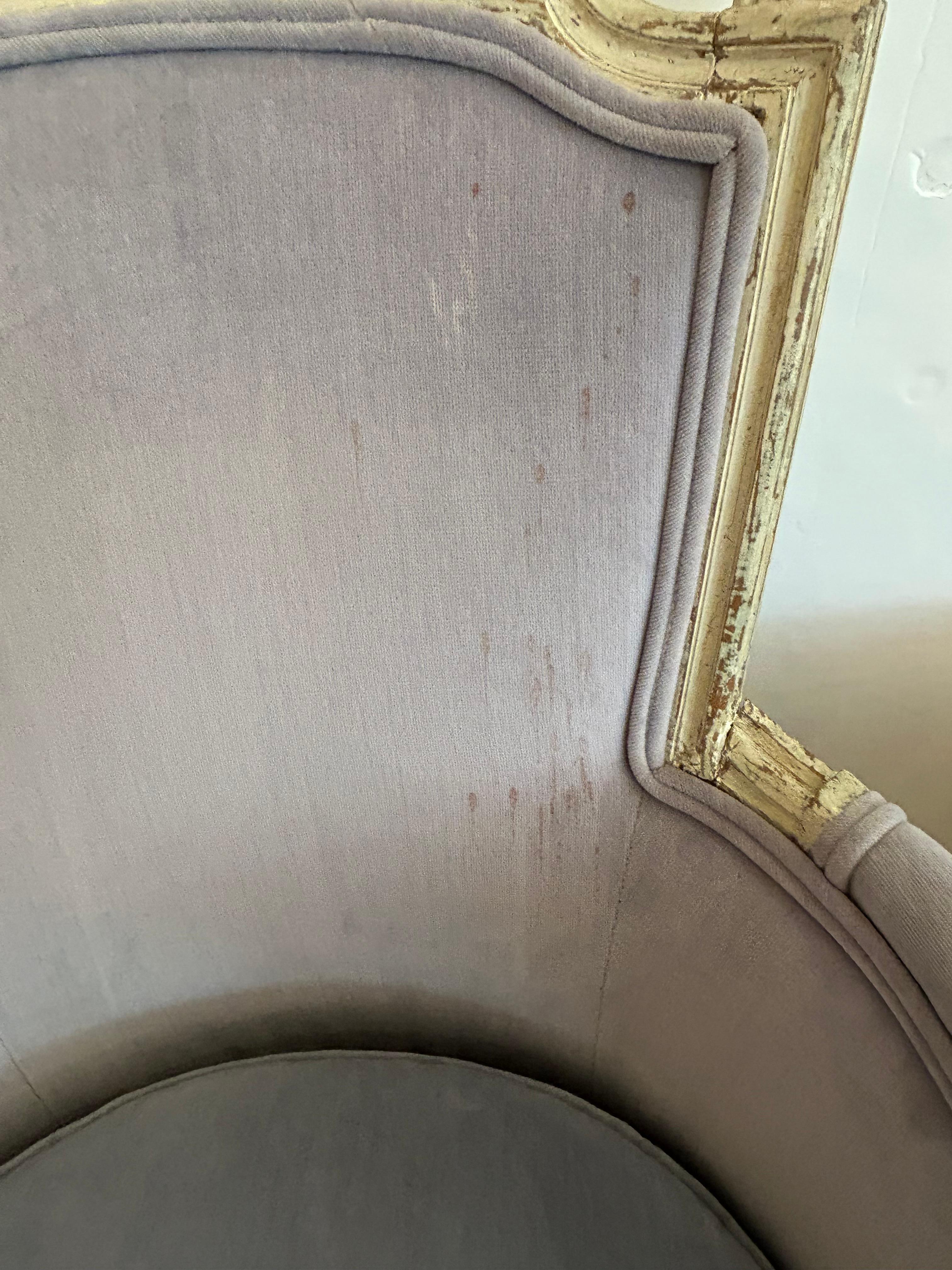 Pair of Soft Periwinkle Velvet French Painted Bergere Chairs For Sale 4
