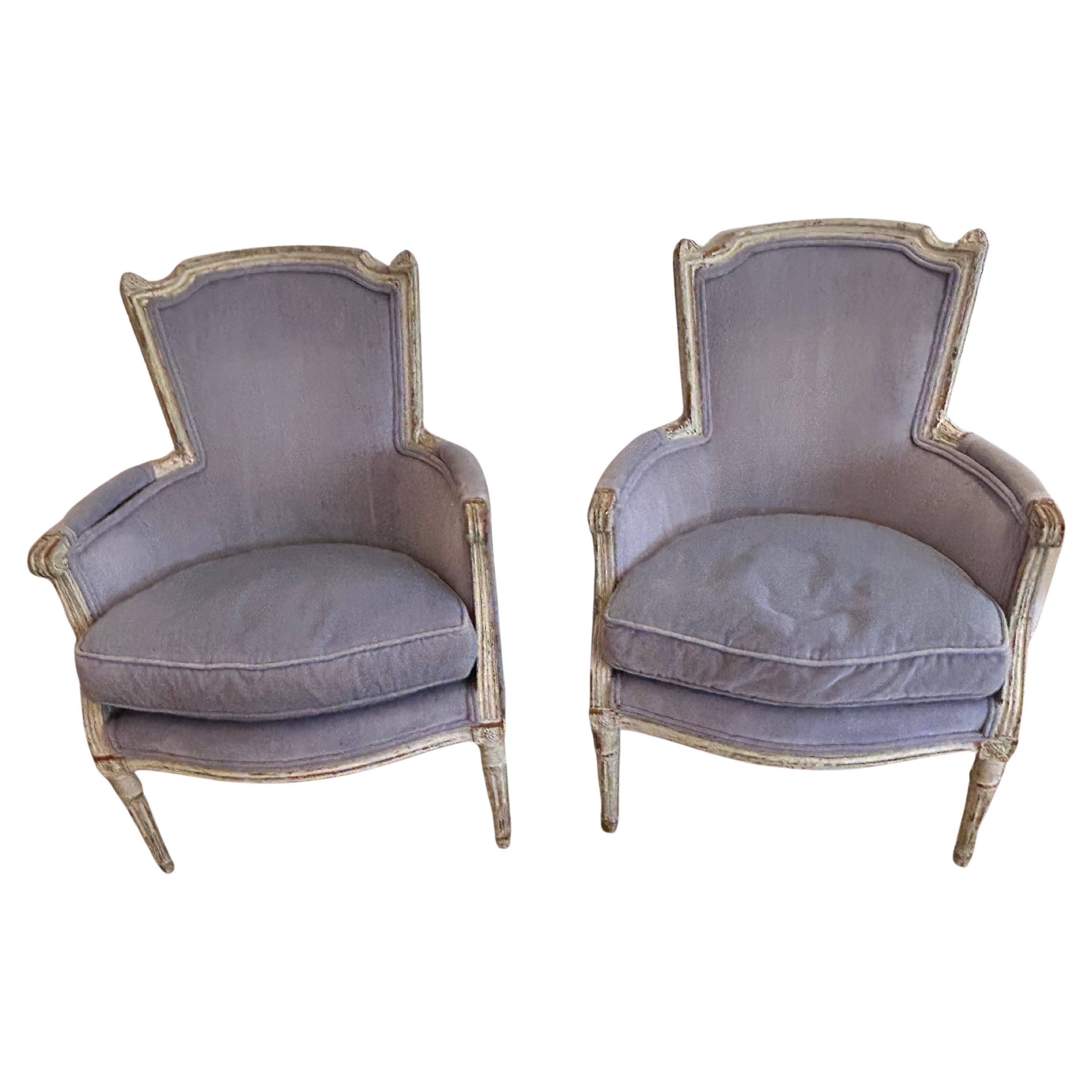 Pair of Soft Periwinkle Velvet French Painted Bergere Chairs For Sale