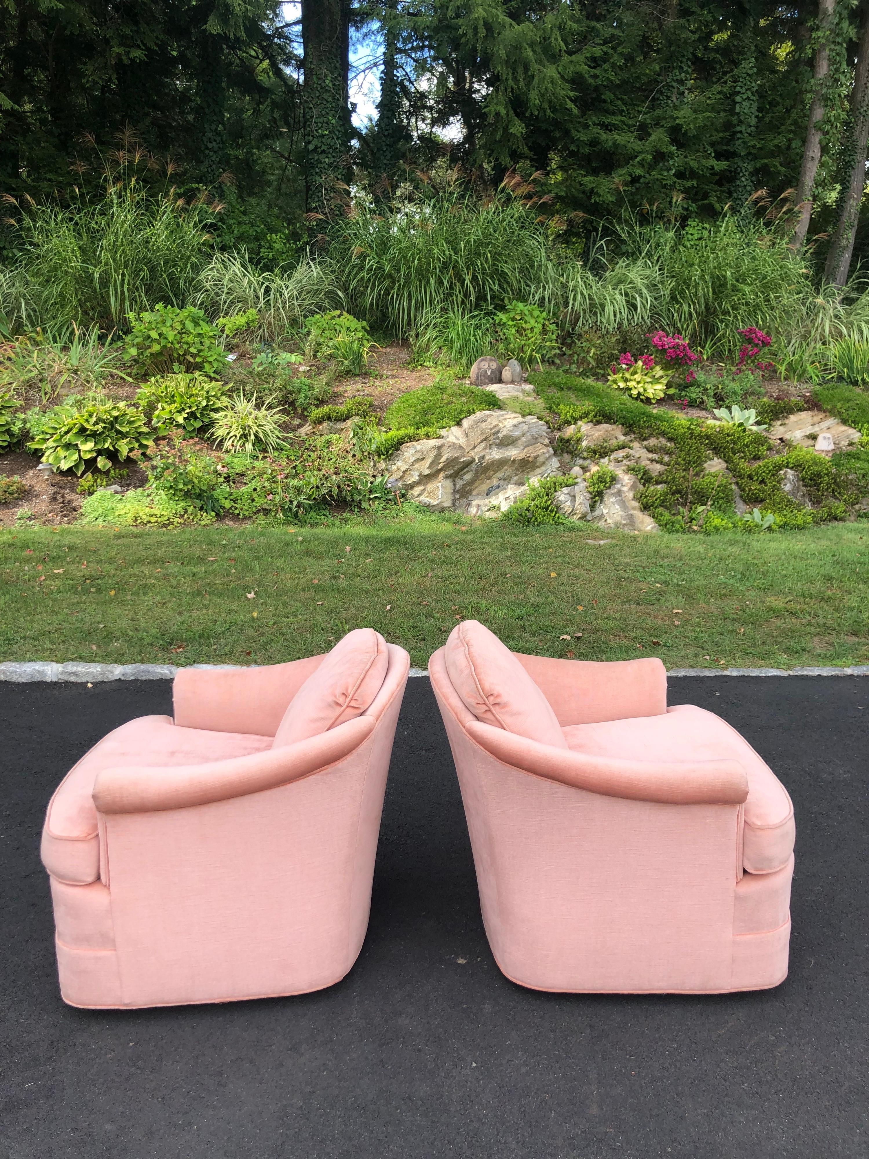 Pair of Soft Pink Chenille Swivel Club Chairs 4