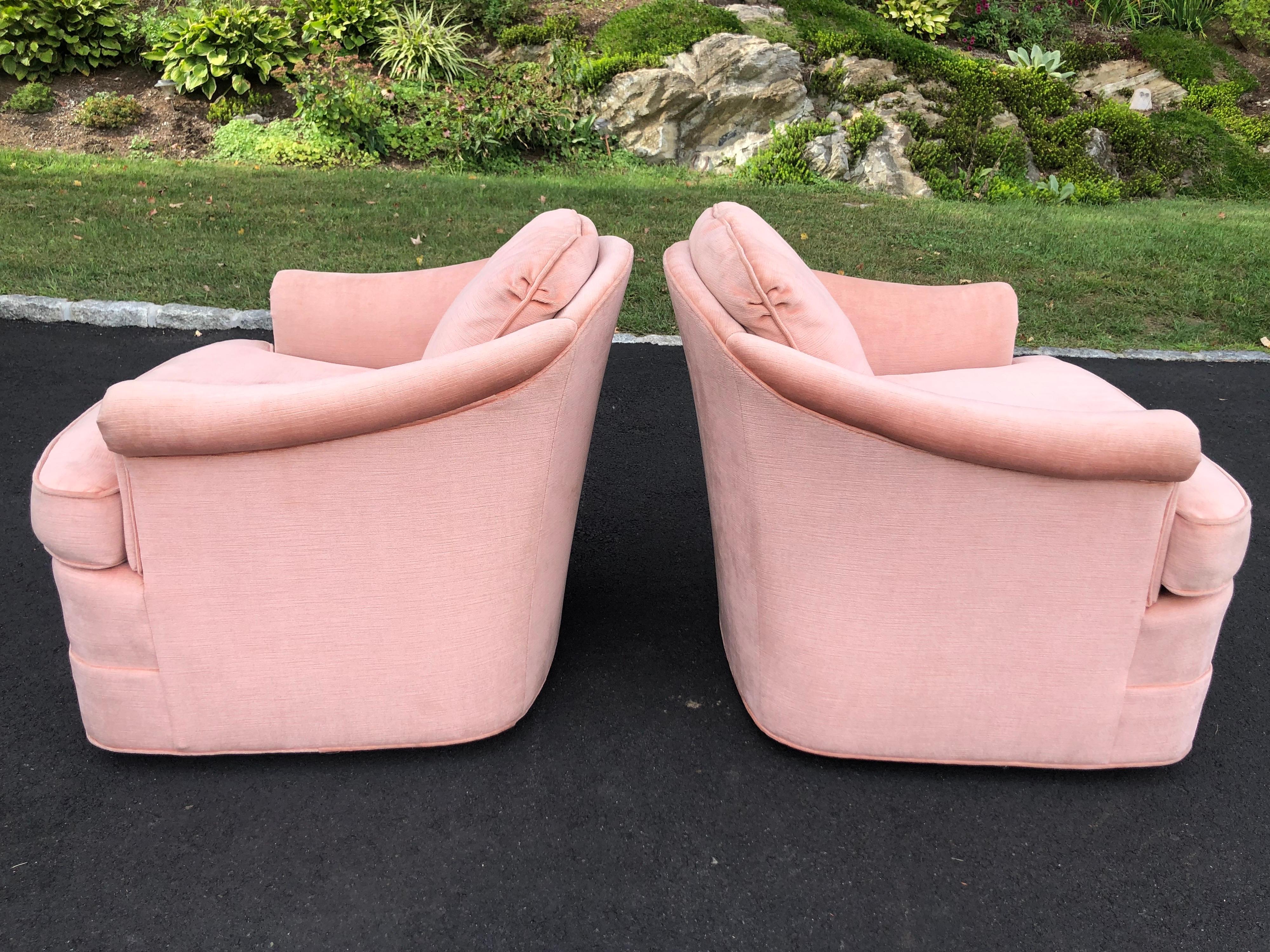 Pair of Soft Pink Chenille Swivel Club Chairs 5