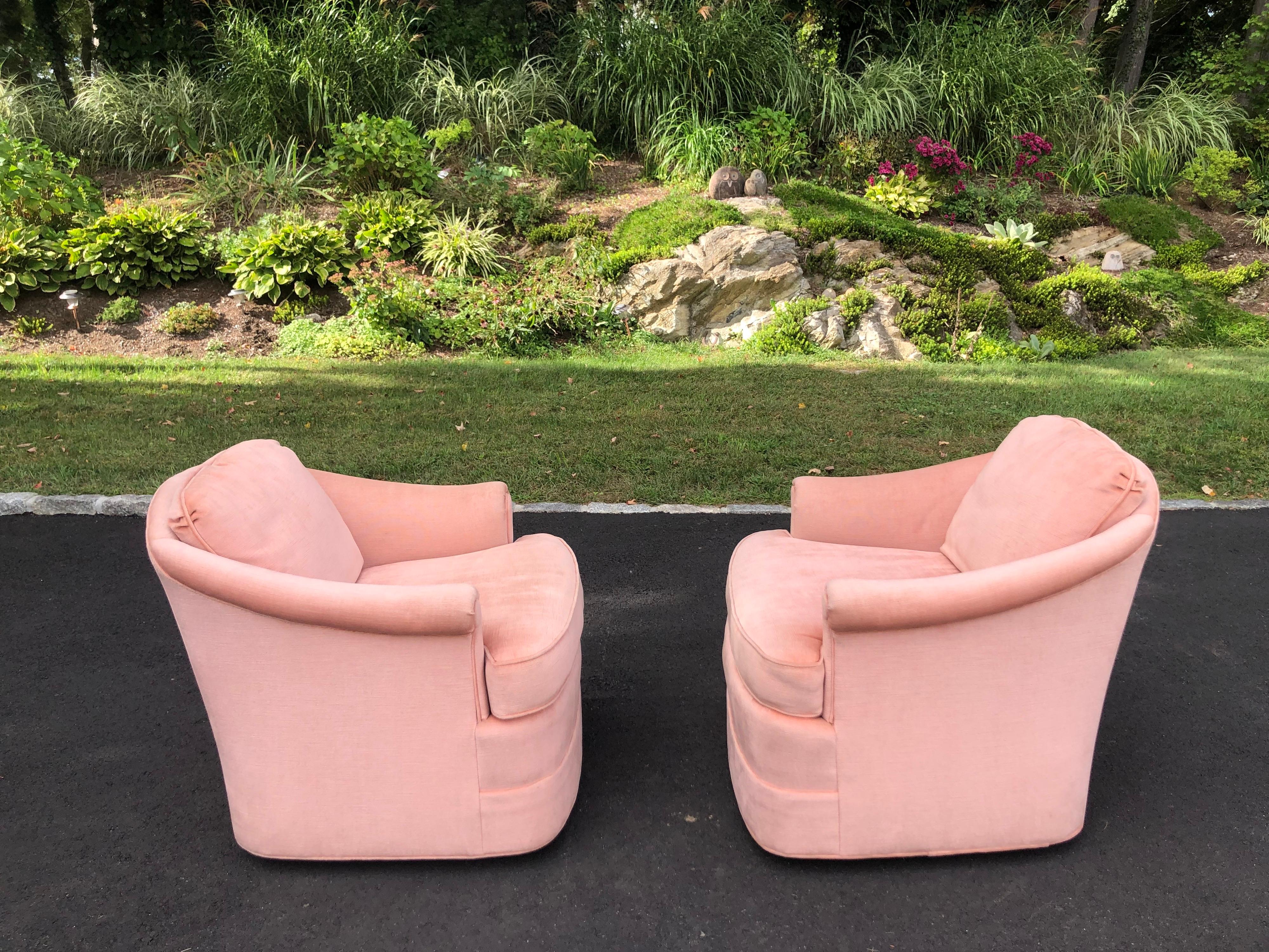 Pair of Soft Pink Chenille Swivel Club Chairs 6