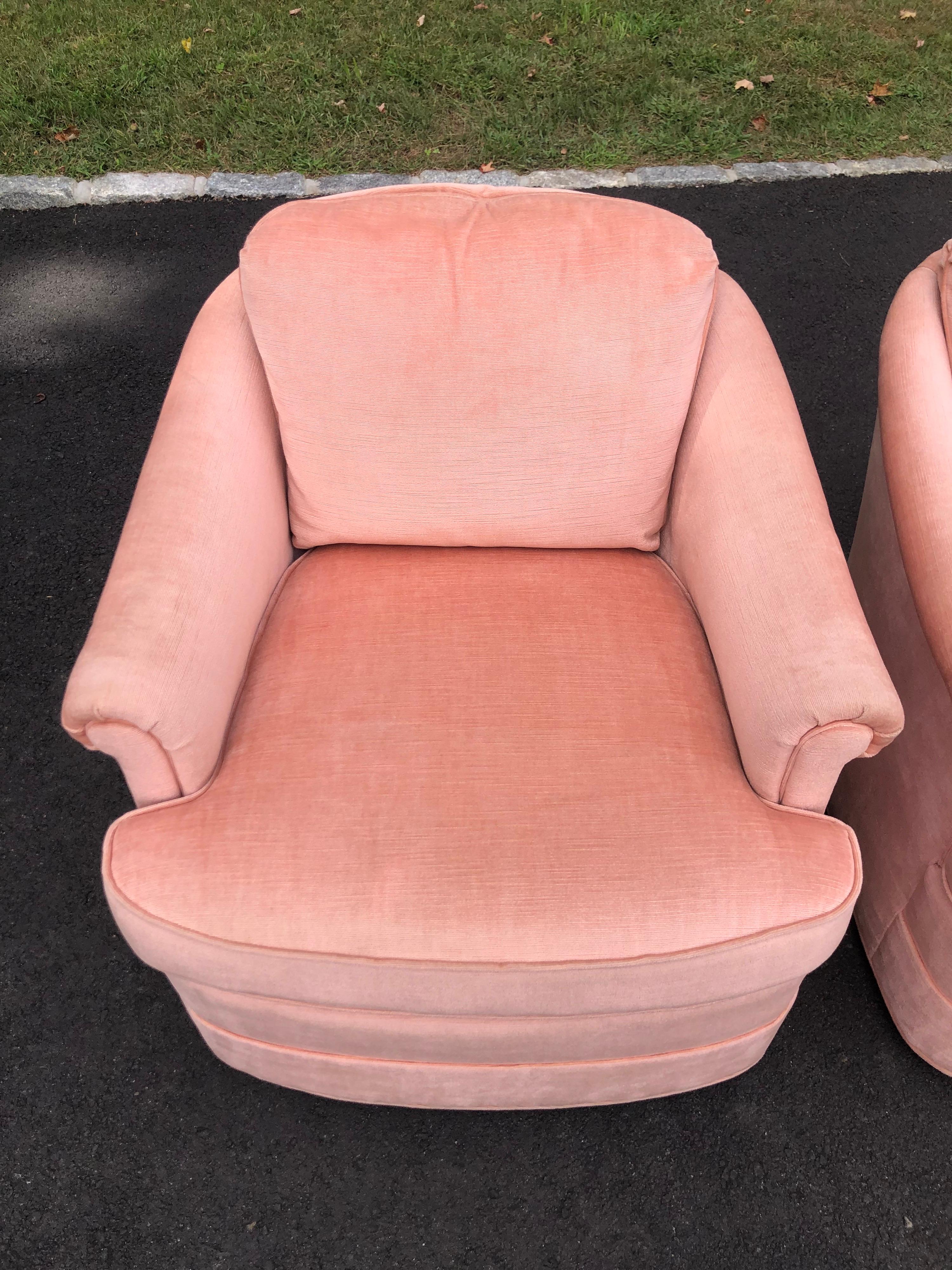 Pair of Soft Pink Chenille Swivel Club Chairs 9