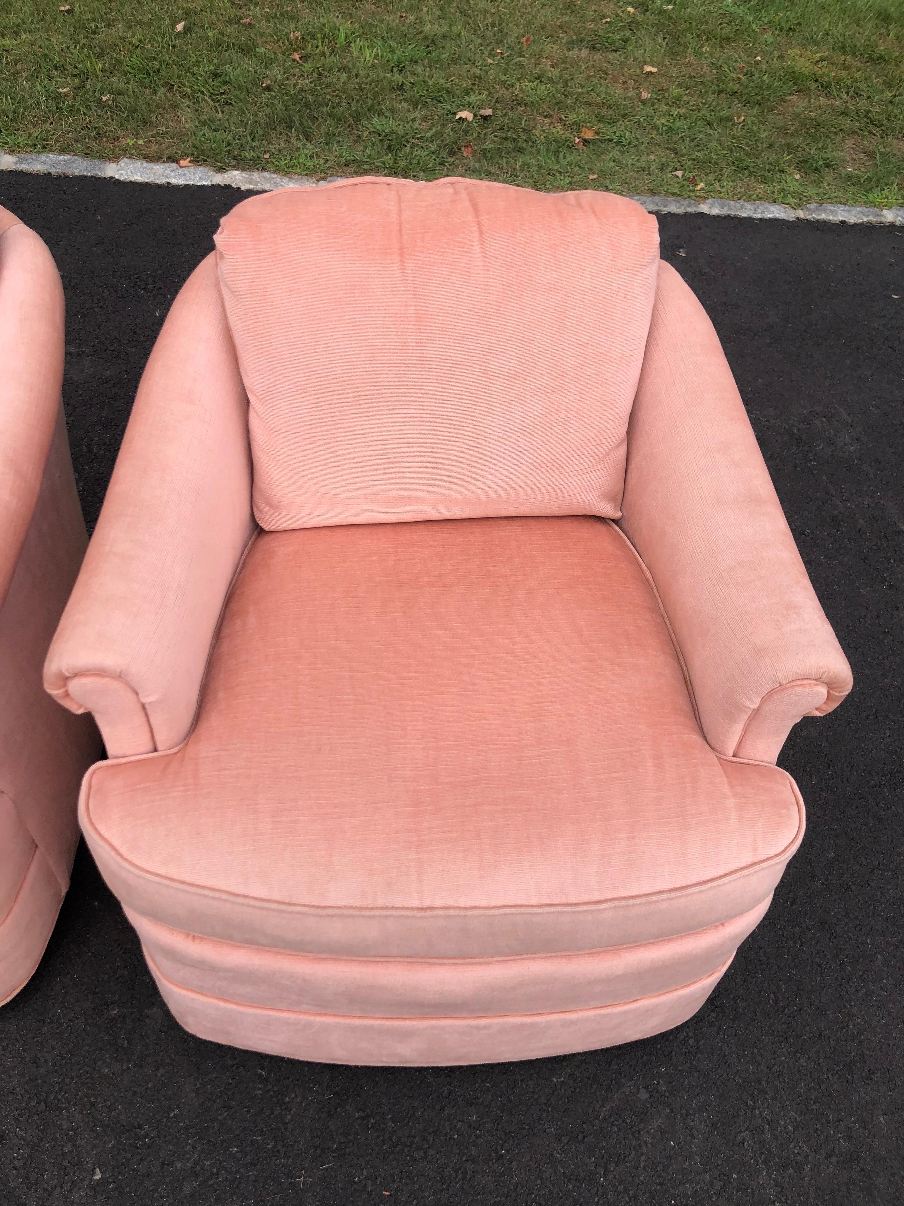 Pair of Soft Pink Chenille Swivel Club Chairs 10