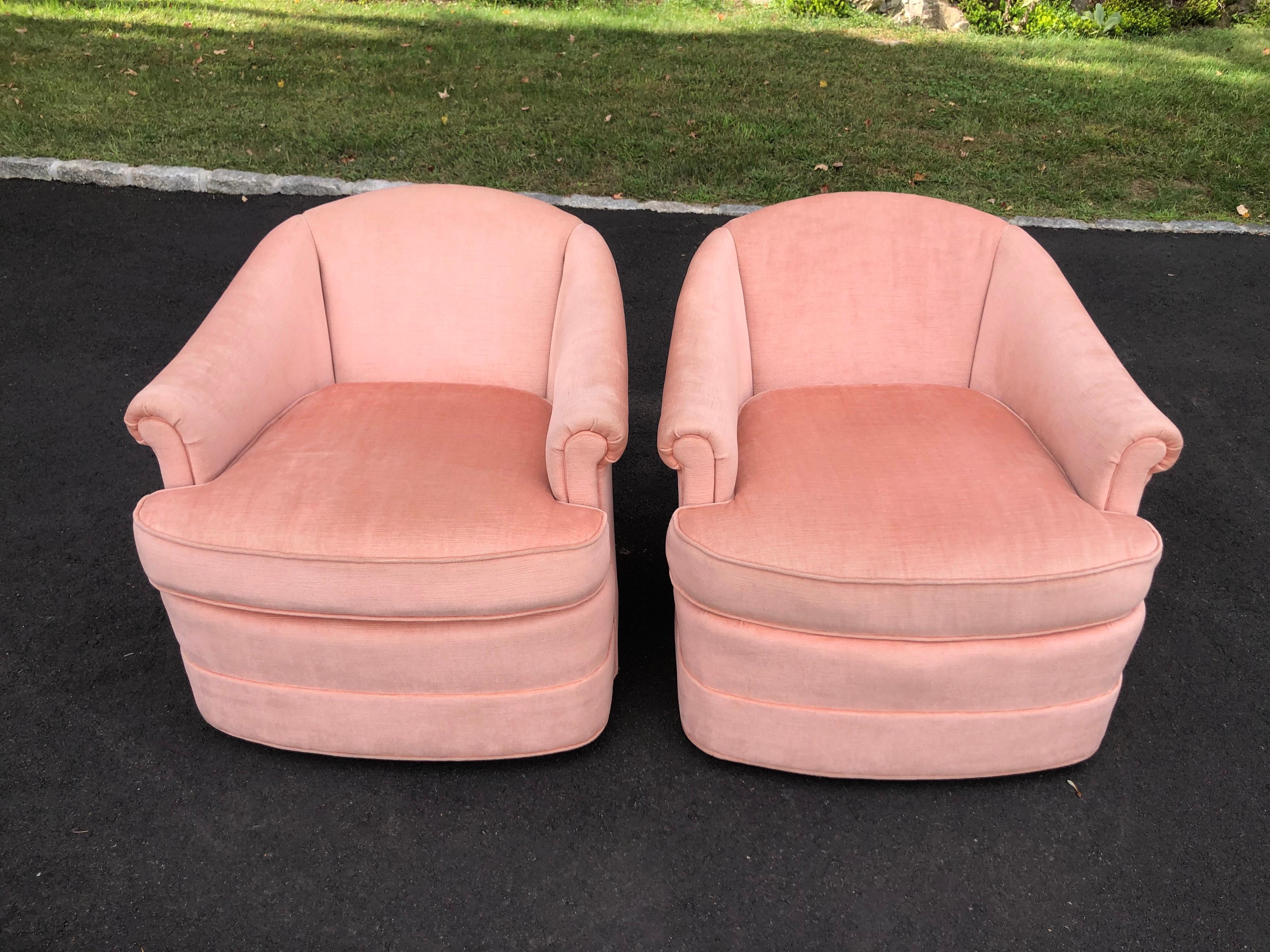 Pair of Soft Pink Chenille Swivel Club Chairs 11