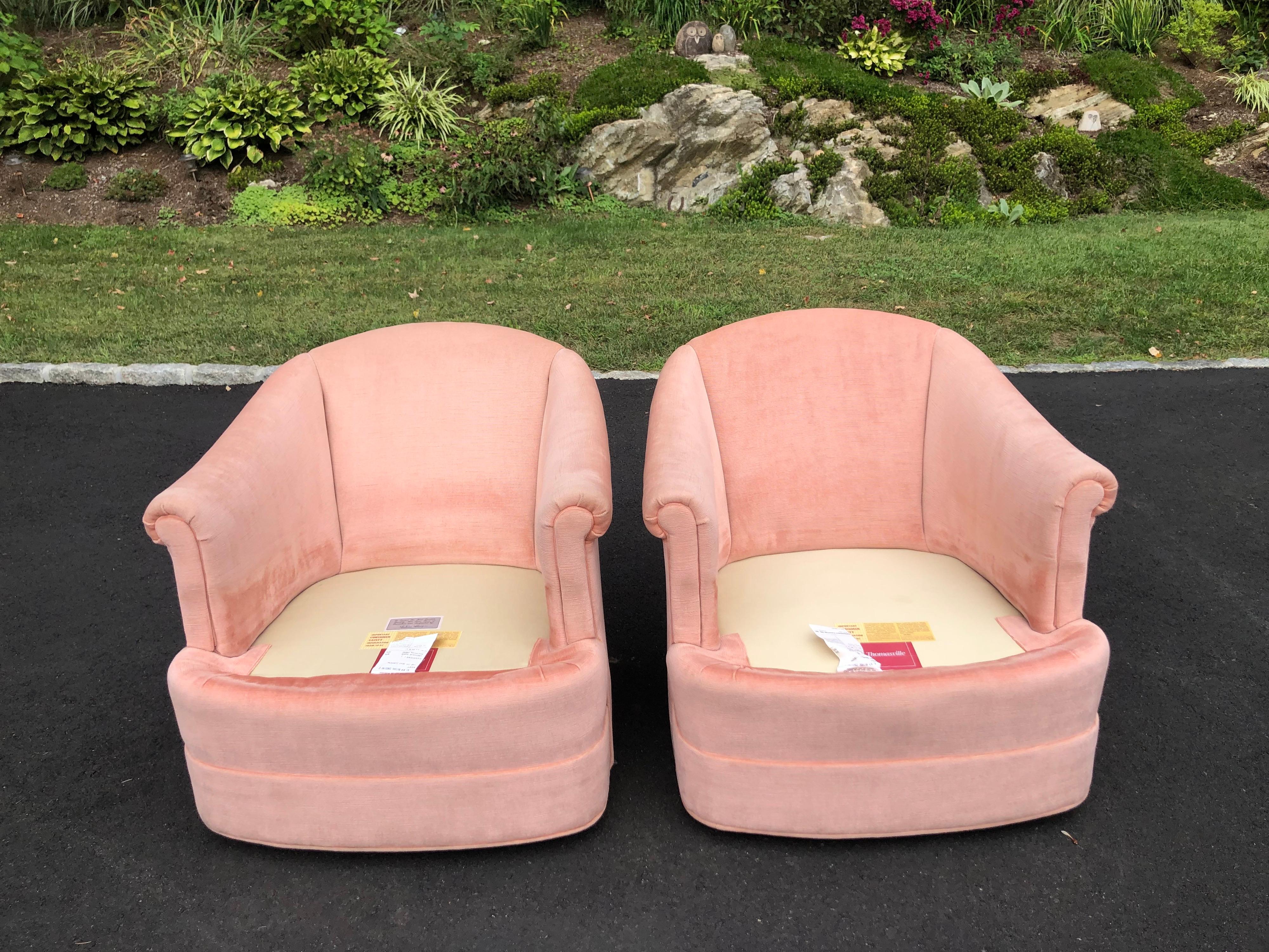 Pair of Soft Pink Chenille Swivel Club Chairs 13
