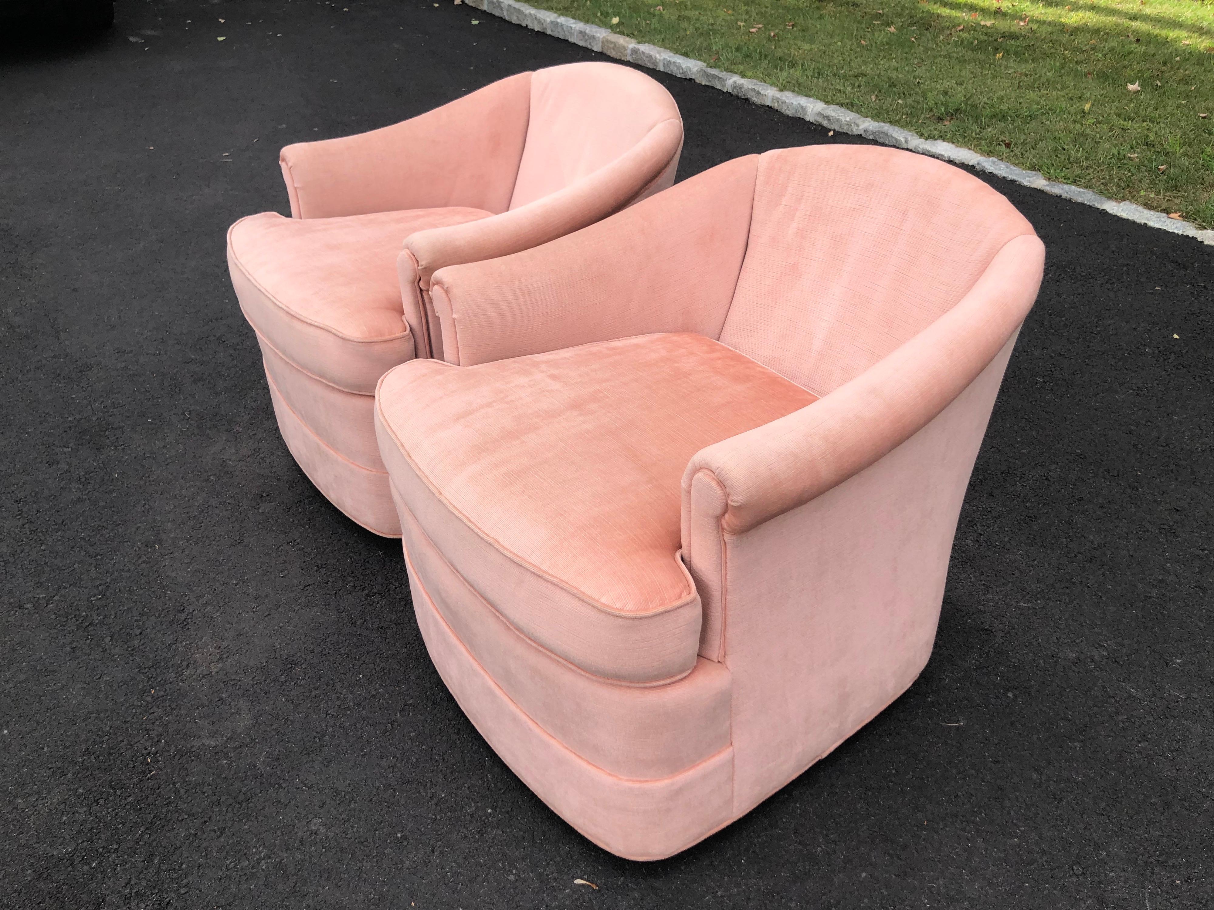 Pair of Soft Pink Chenille Swivel Club Chairs 14