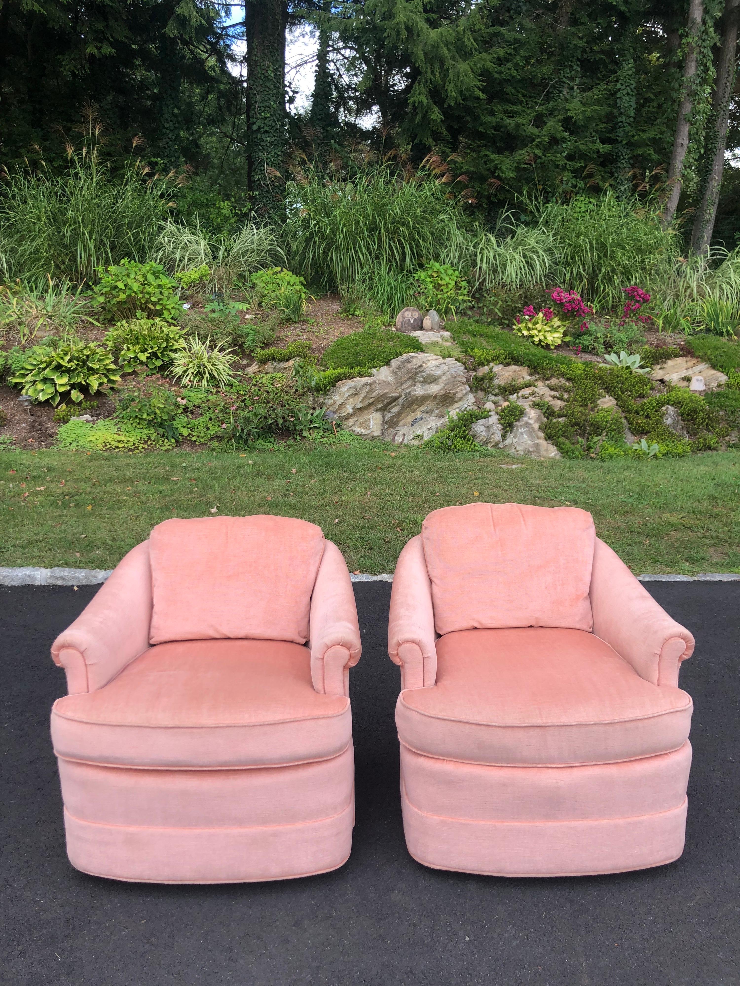 American Pair of Soft Pink Chenille Swivel Club Chairs