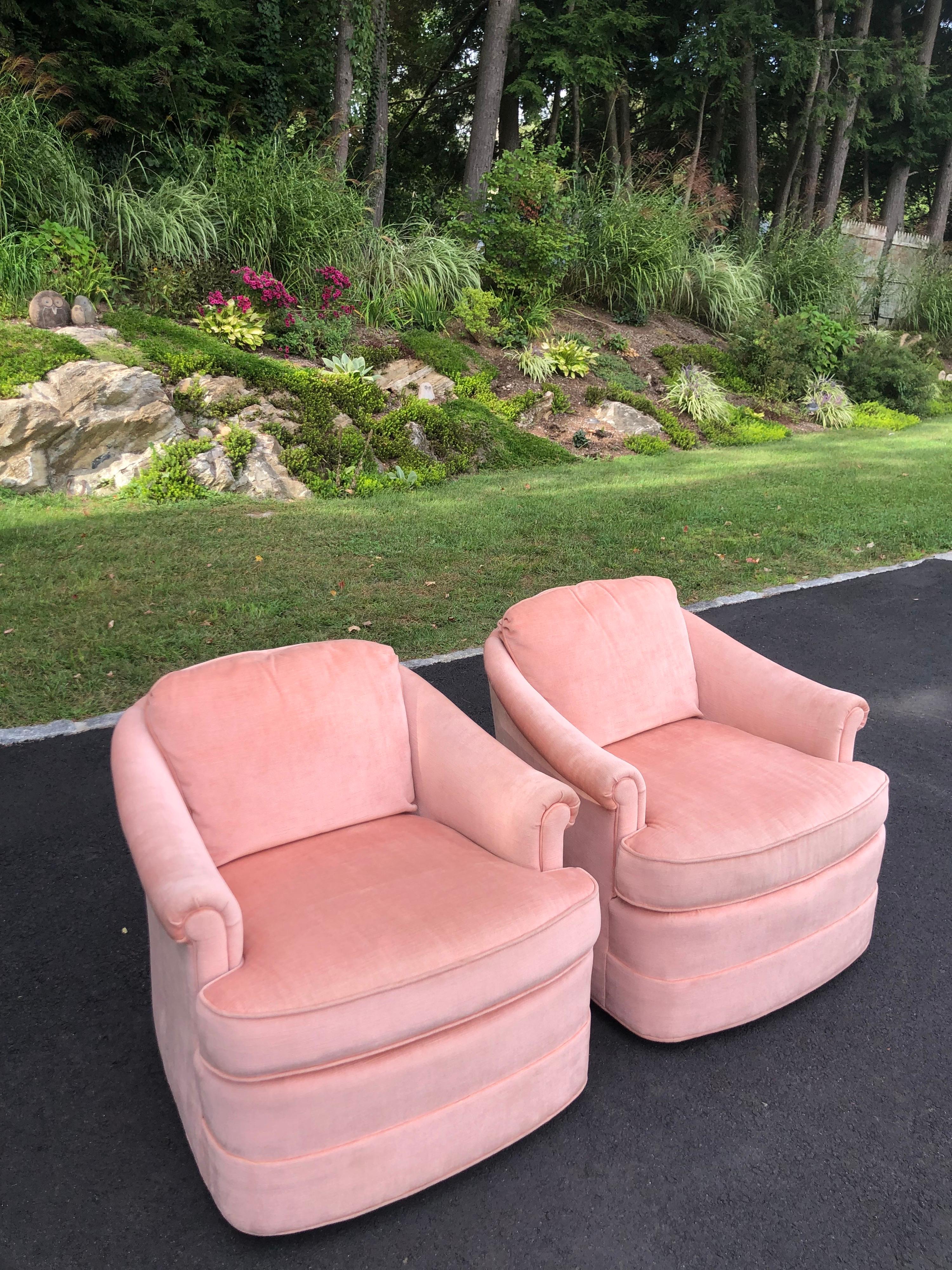 Pair of Soft Pink Chenille Swivel Club Chairs 1