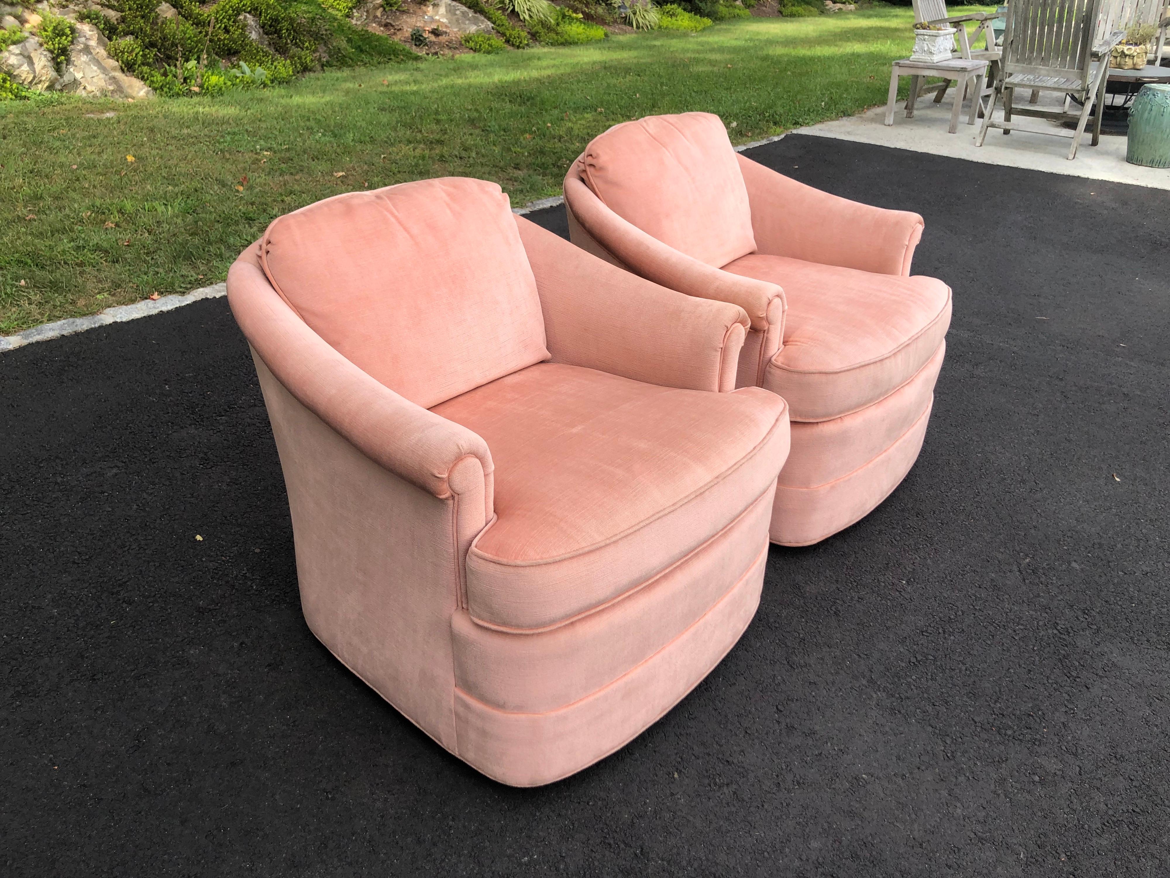 Pair of Soft Pink Chenille Swivel Club Chairs 2