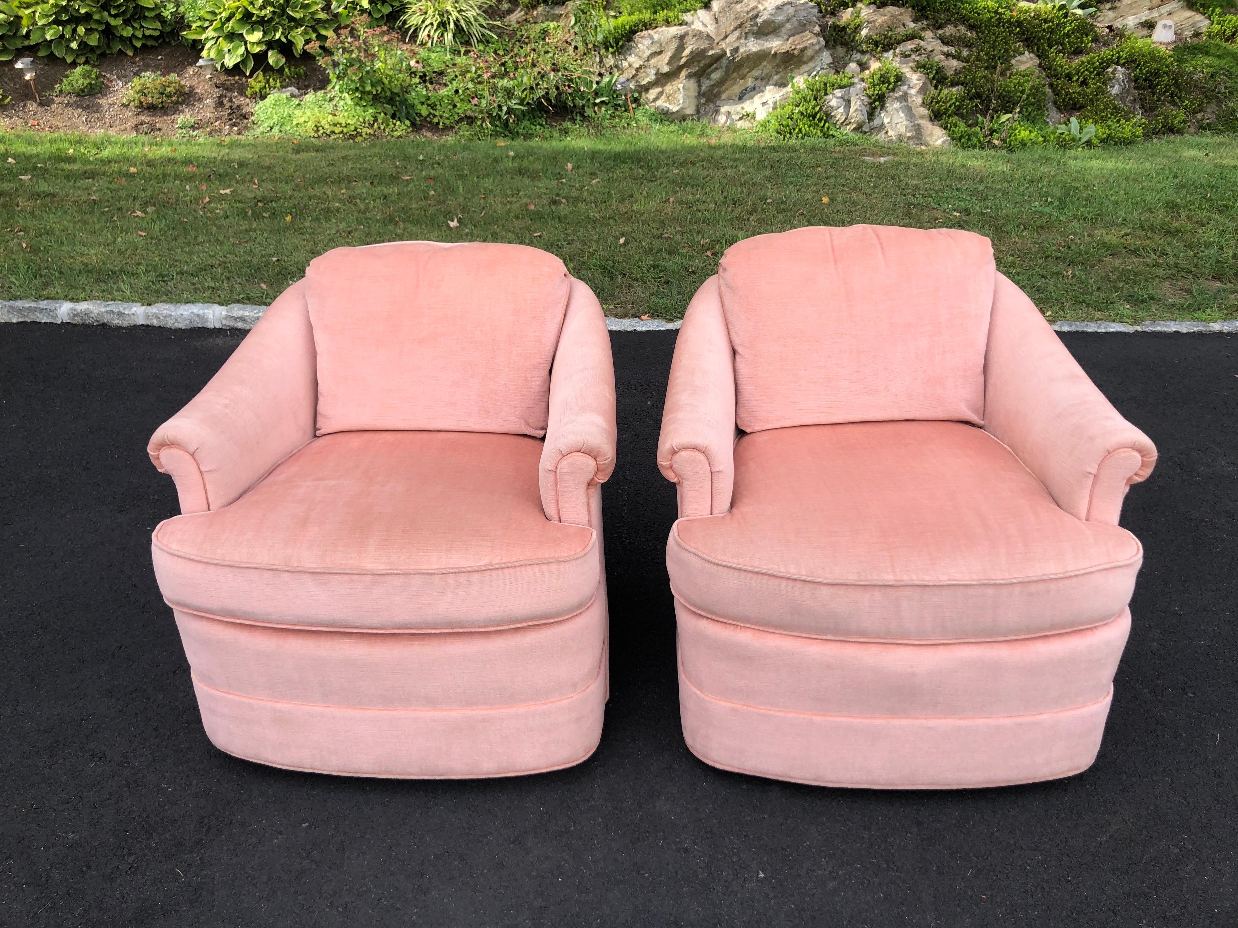 Pair of Soft Pink Chenille Swivel Club Chairs 3