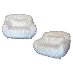 Vintage Pair of Soft White Oversized Faux-Fur Arm Chairs