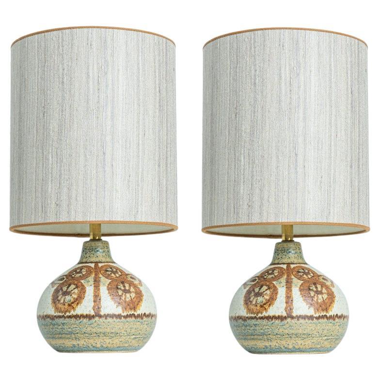 Pair of Soholm Ceramic Table Lamps with Silk Shade Backhausen, Denmark 1960s