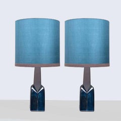 Paar Soholm-Lampen mit blauem Lampenschirm aus neuer Seide René Houben, 1960er Jahre