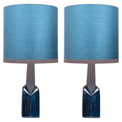 Pair of Soholm Lamps with New Silk Blue Lampshade René Houben, 1960s