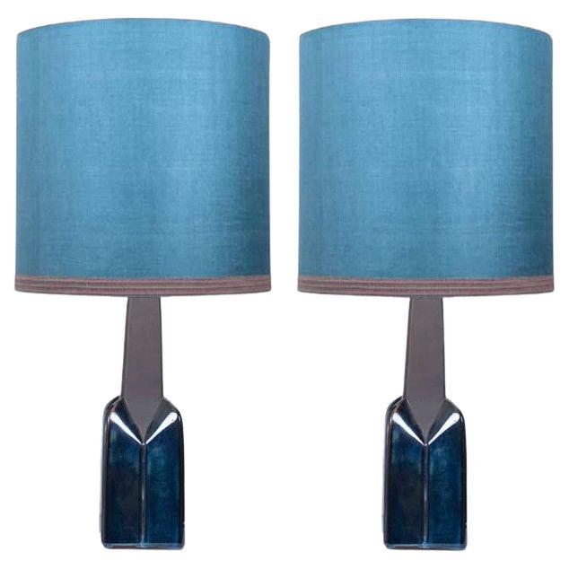 Pair of Soholm Lamps with New Silk Blue Lampshade René Houben, 1960s