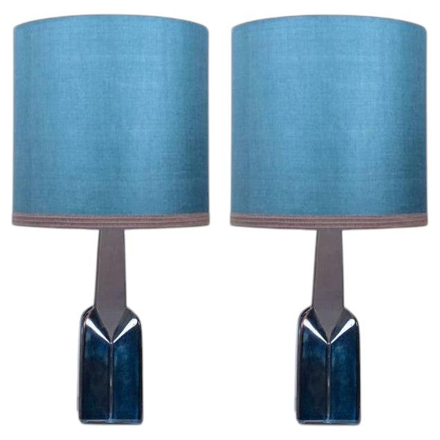 Pair of Soholm Lamps with New Silk Blue Lampshade René Houben, 1960s