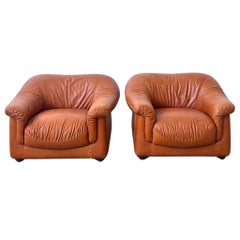 Pair of ‘Soleado’ Cognac Leather Lounge Chairs by Mobil Girgi, Italy, 1970s