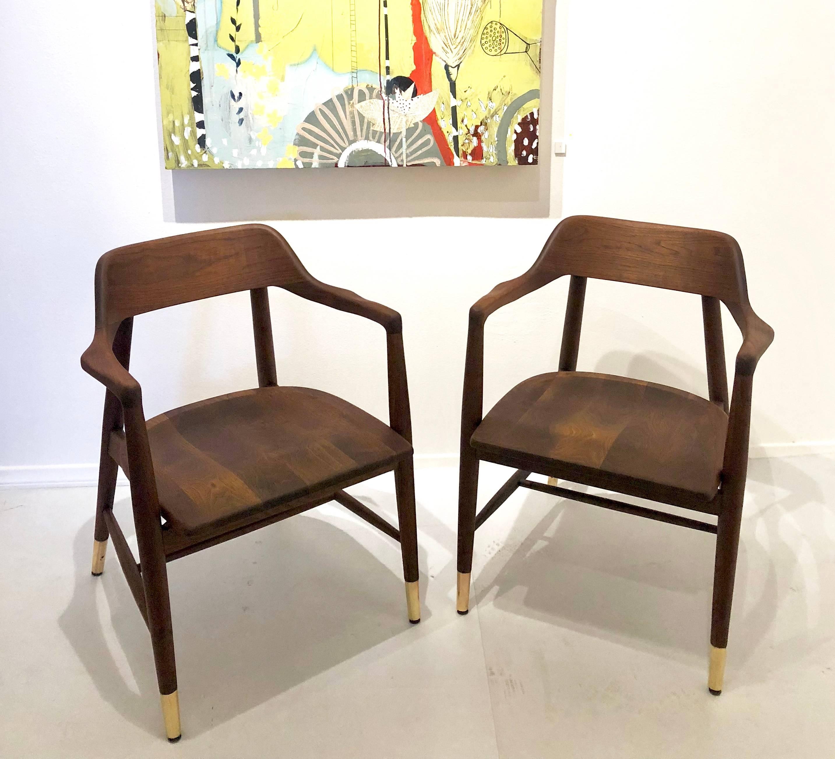Pair of Solid American Midcentury Walnut Sculpted Armchairs with Brass Tips 1