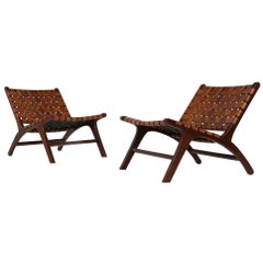 Pair of Solid Balinese Teak and Cognac Leather Lounge Chairs, Brazilian Style