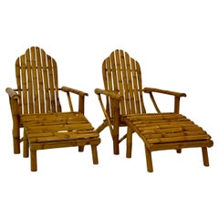 Pair of Solid Bamboo Adirondack Chairs With Integrated Ottomans, Circa 1960s