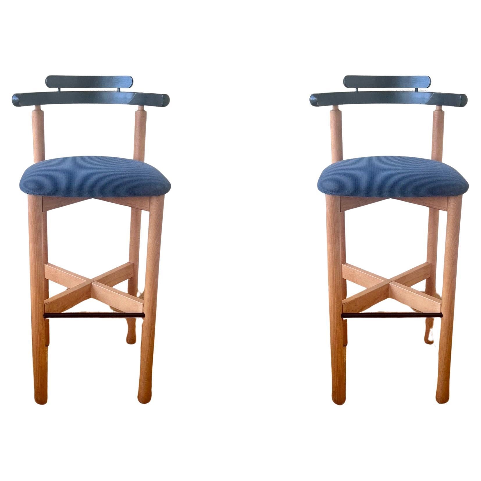 Pair of solid Birch & Black Lacquer Wood Danish Postmodern Barstools by Findahls For Sale