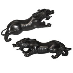 Pair of Solid Black Bronze Pi Xiu Lions Paperweights