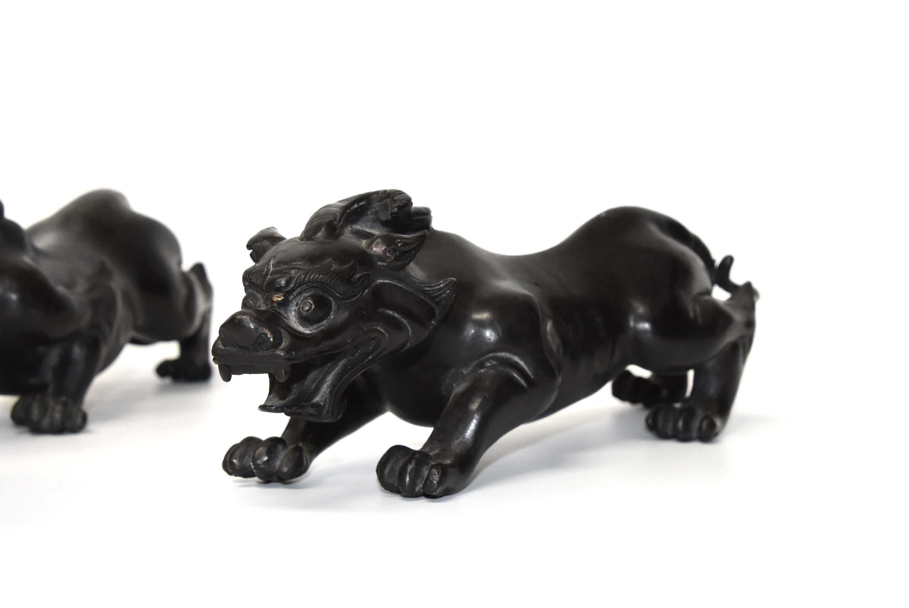 Pair of Solid Black Bronze Pi Xiu Lions Paperweights 7